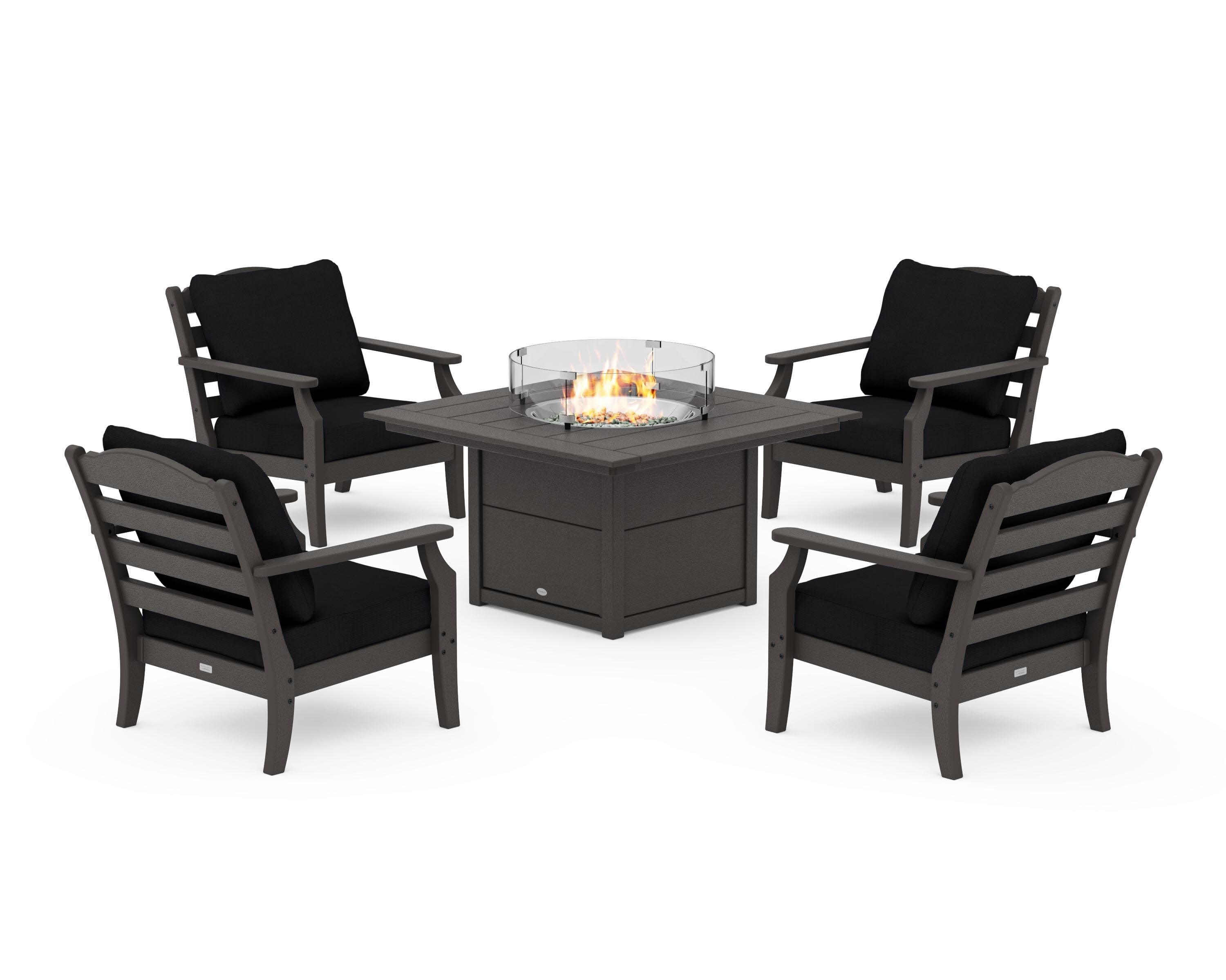 Savannah 5-Piece Deep Seating Set with Fire Pit Table in Vintage Coffee / Midnight Linen