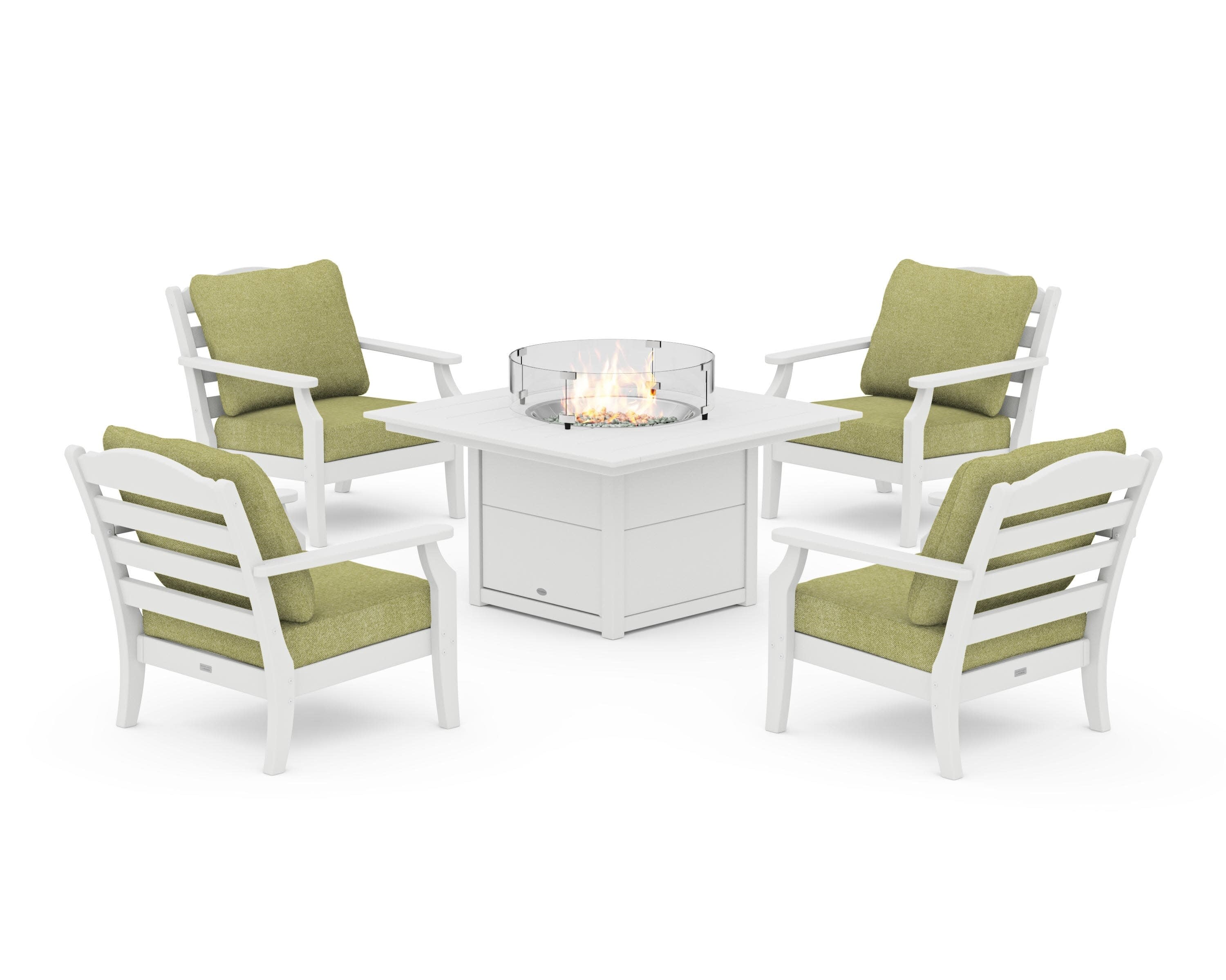 Savannah 5-Piece Deep Seating Set with Fire Pit Table in White / Chartreuse Boucle