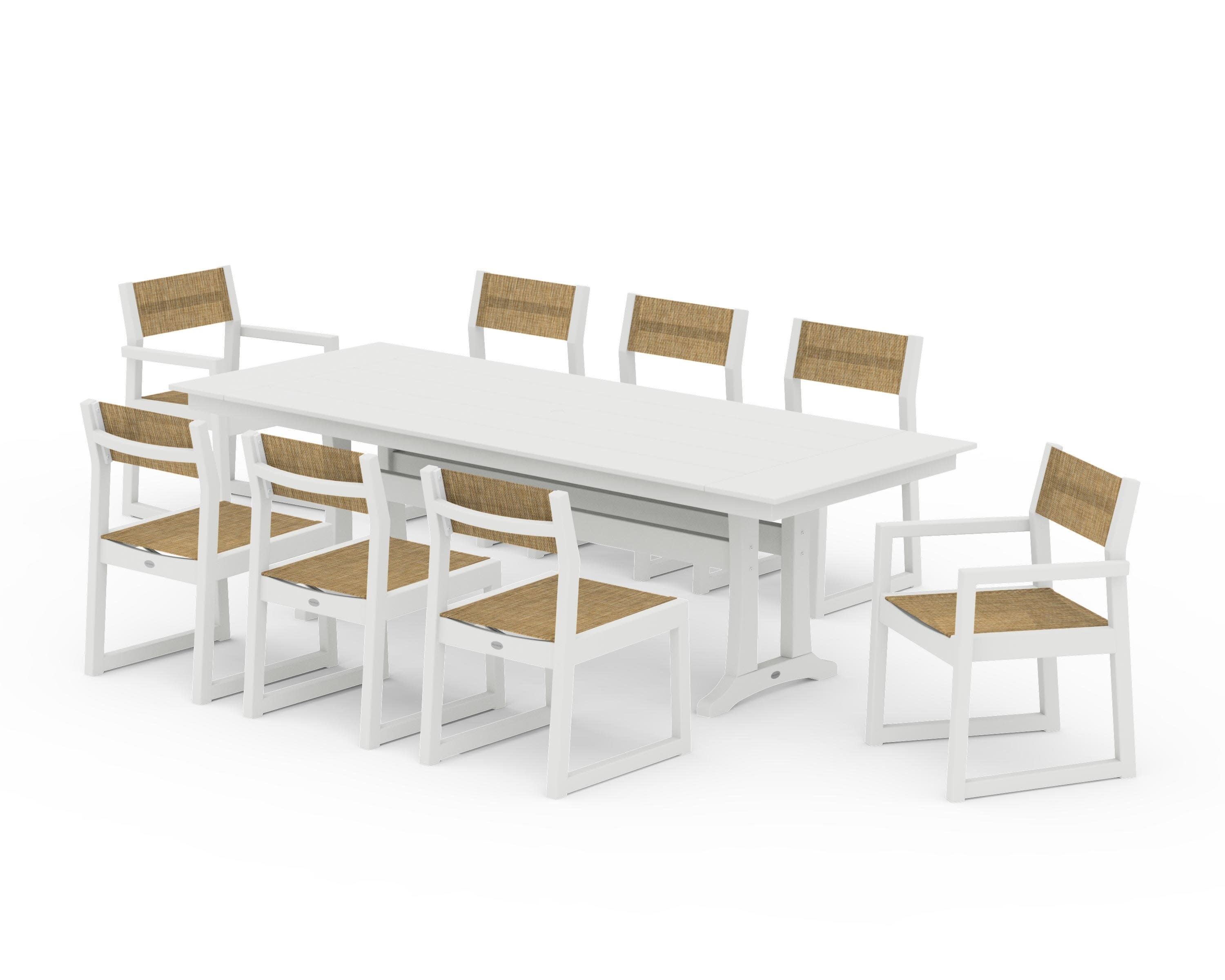 EDGE Sling 9-Piece Farmhouse Trestle Dining Set in Vintage White / Burlap Sling