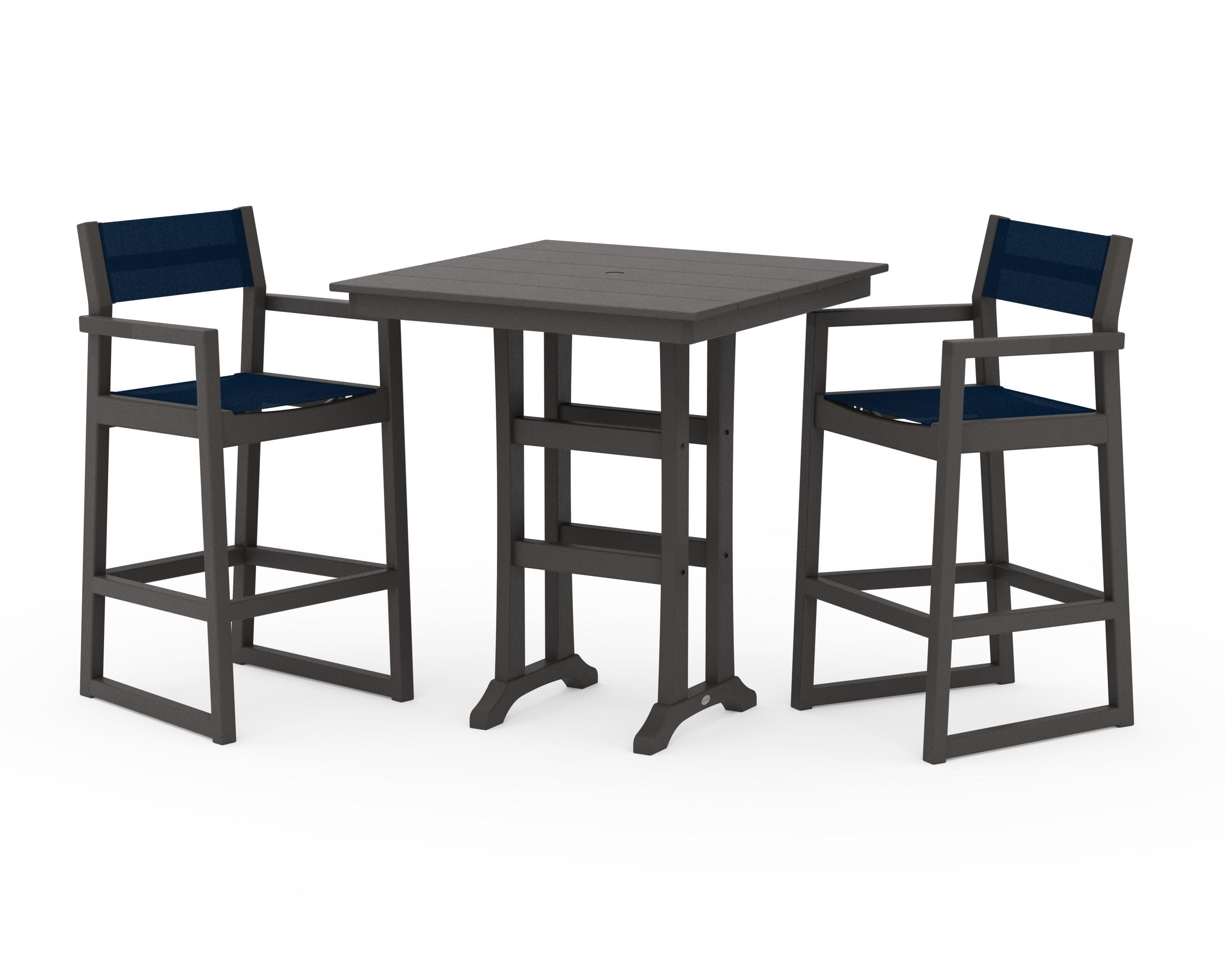 EDGE Sling Arm Chair 3-Piece Farmhouse Bar Set with Trestle Legs in Vintage Coffee / Navy Blue Sling