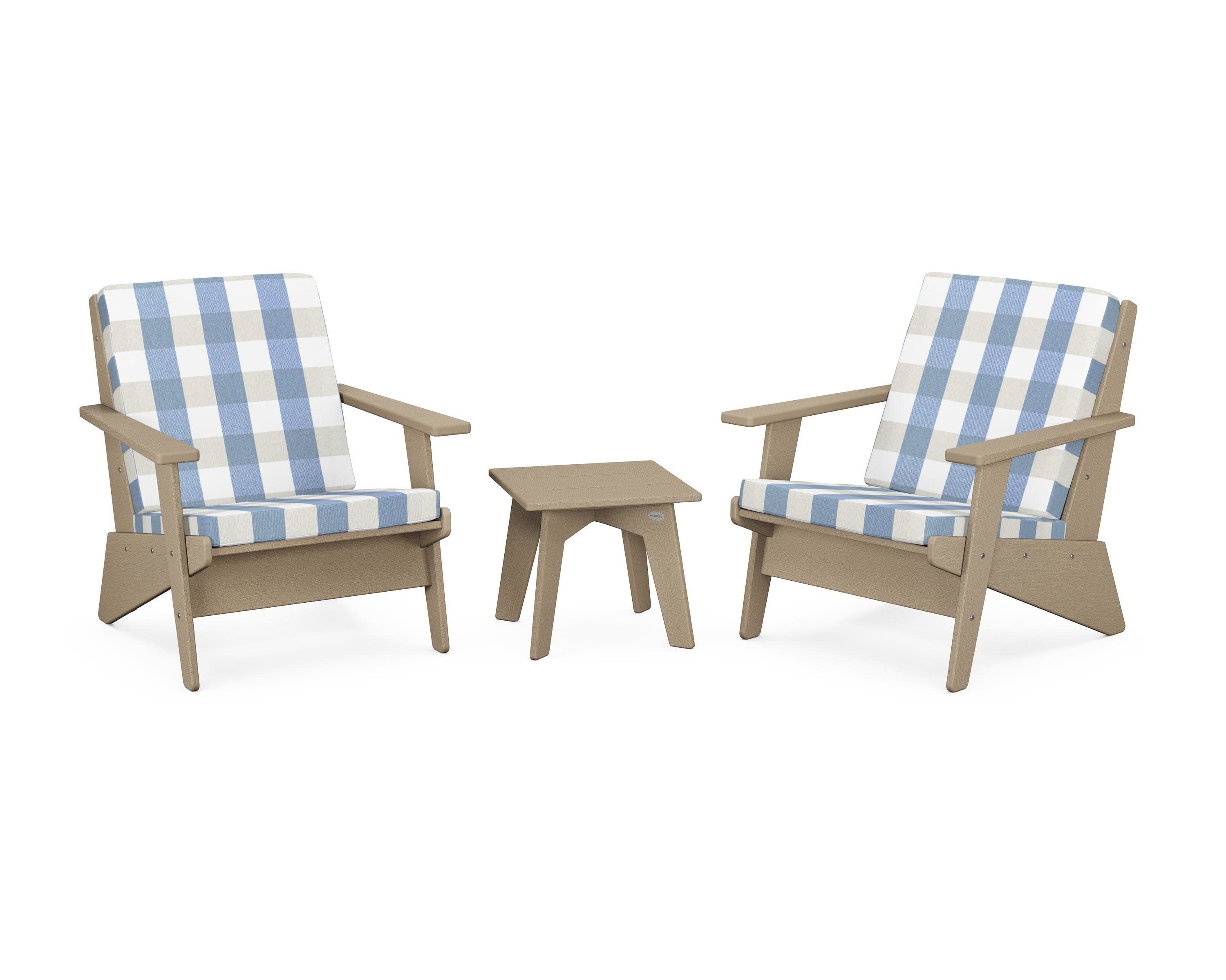 Riviera Modern Lounge 3-Piece Set in Vintage Sahara / Buffalo Plaid Sky Blue