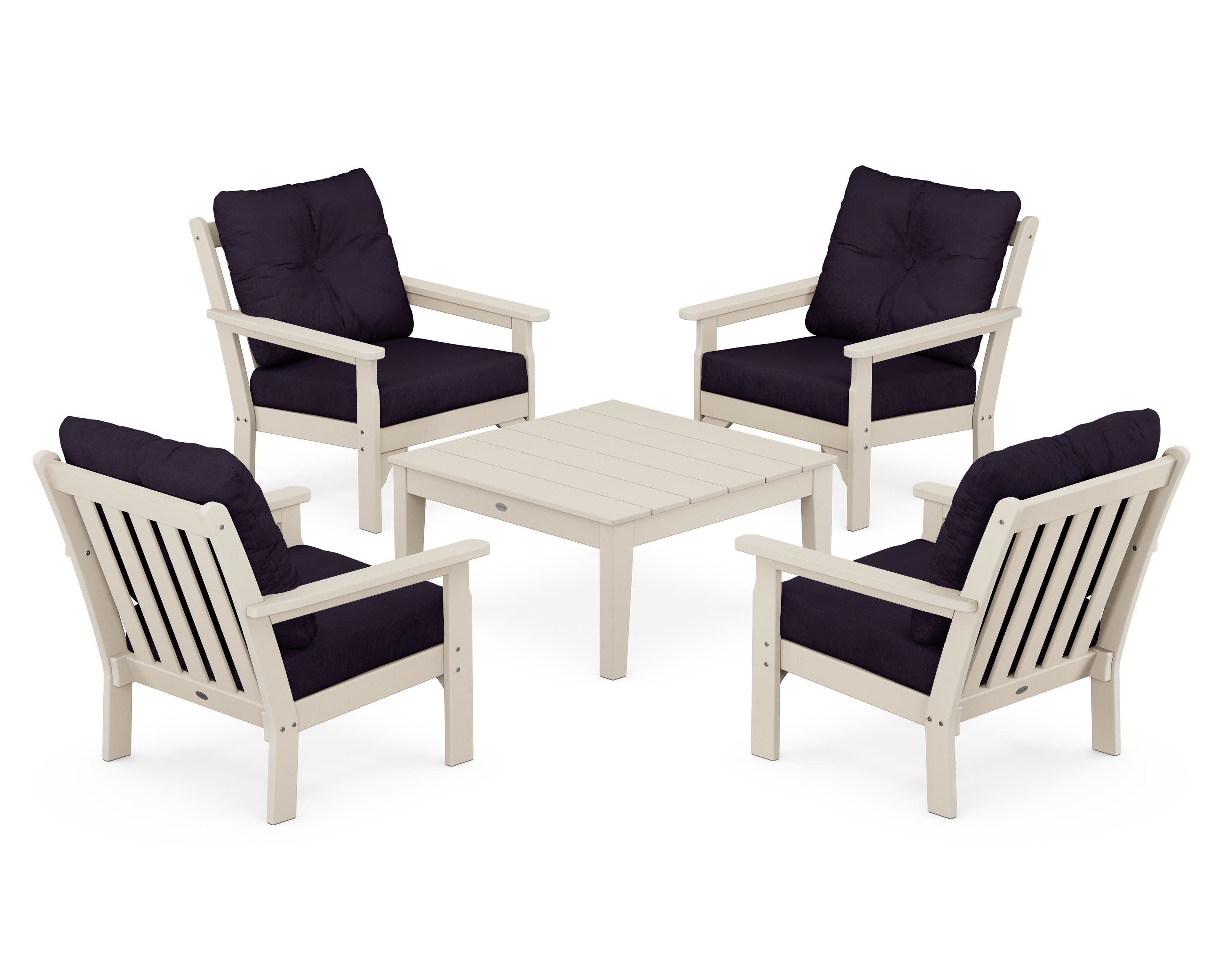 Vineyard 5-Piece Deep Seating Conversation Set in Sand / Navy Linen