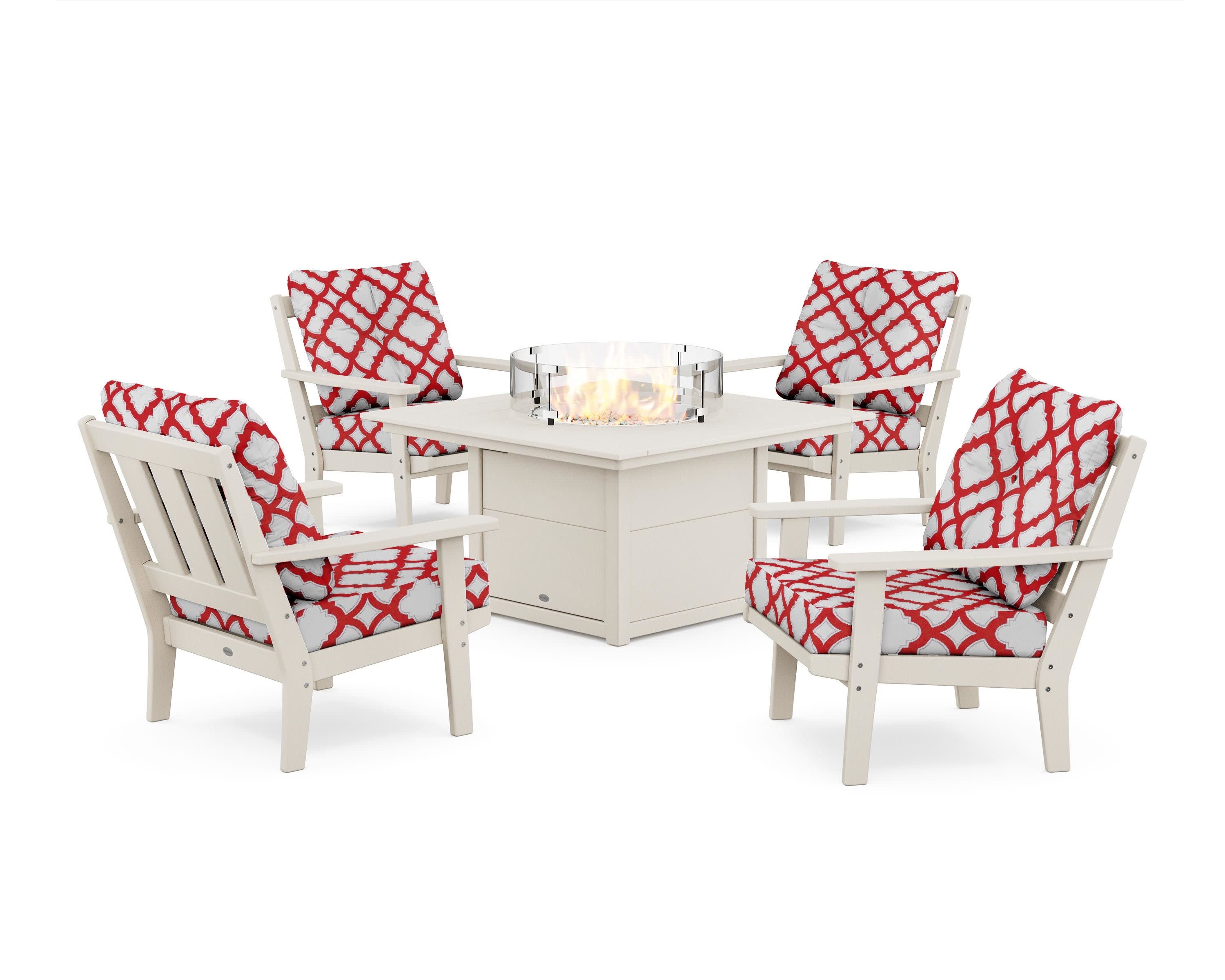 Oxford 5-Piece Deep Seating Set with Fire Pit Table in Sand / Trellis Crimson