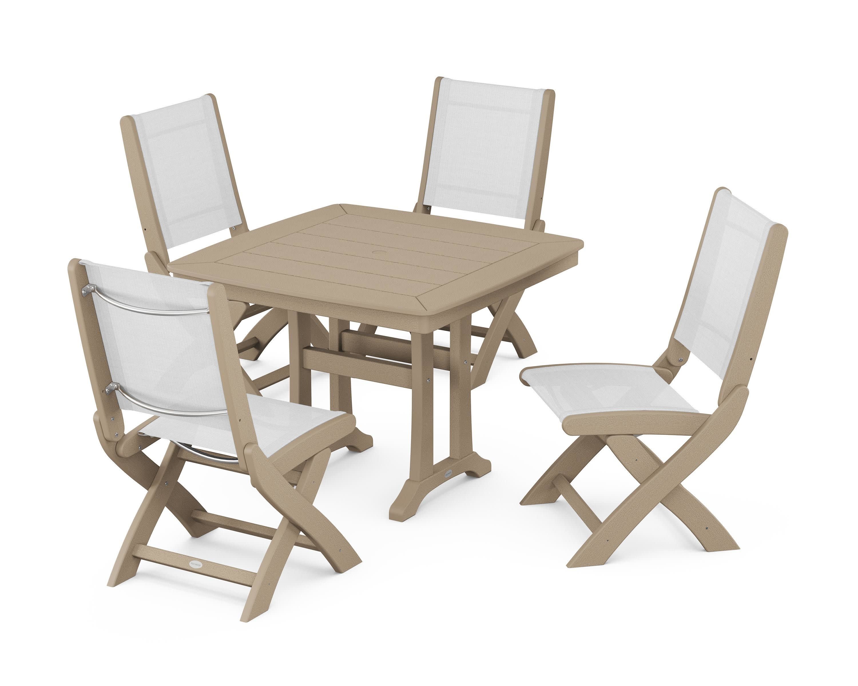 Coastal Folding Side Chair 5-Piece Dining Set with Trestle Legs in Vintage Sahara / White Sling