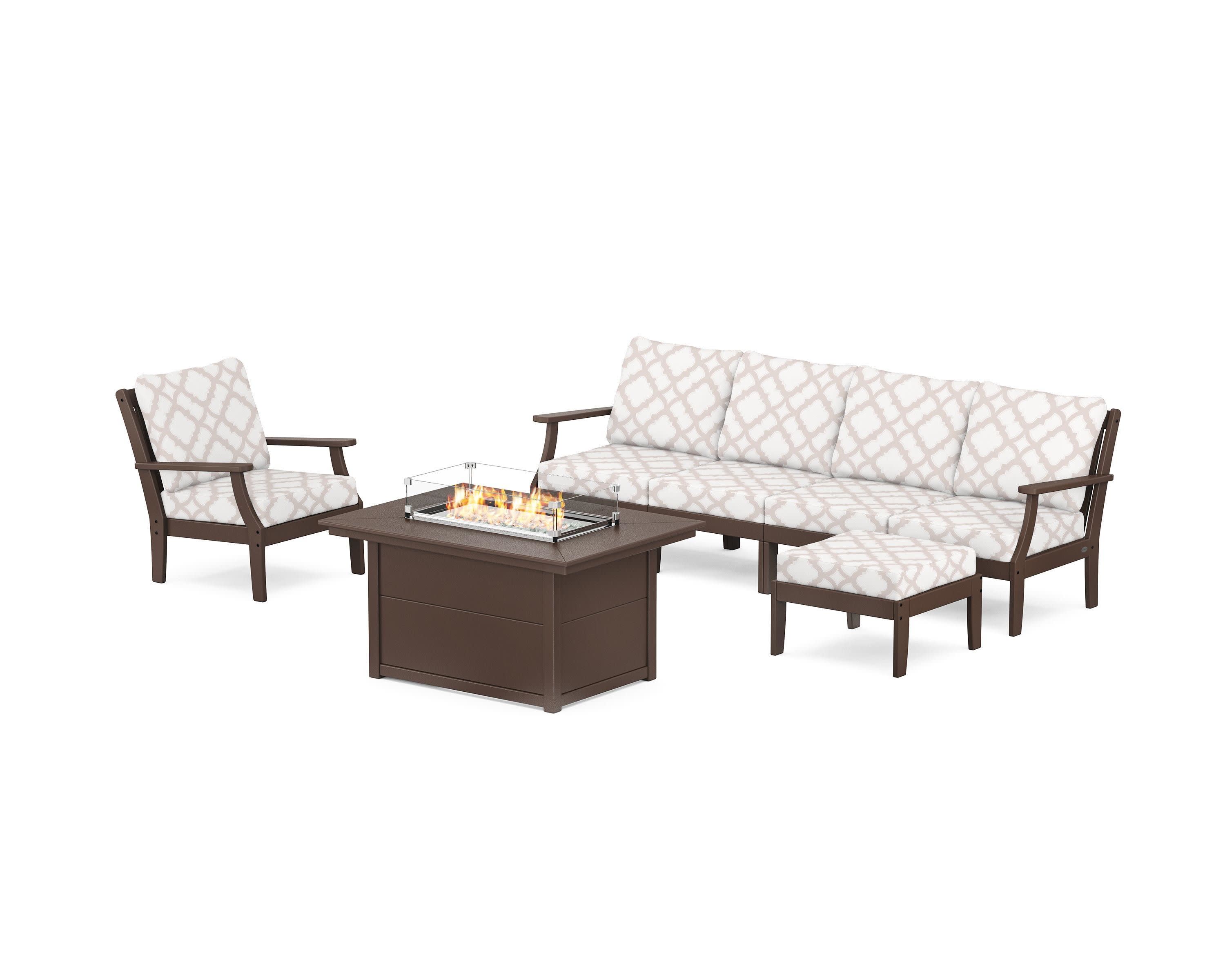 Braxton Sectional Lounge and Fire Pit Set in Mahogany / Trellis Dune Burlap