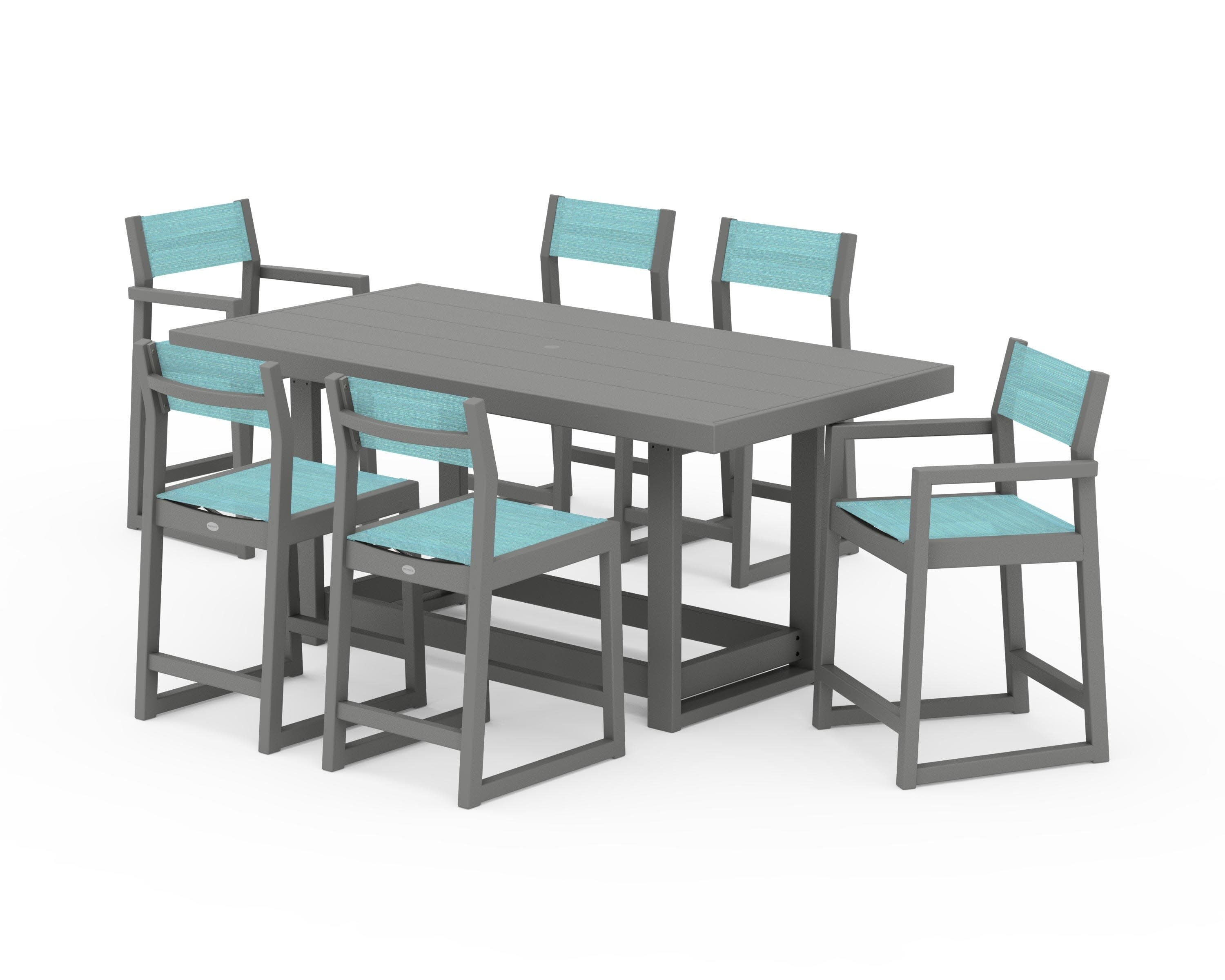 EDGE Sling 7-Piece Counter Table Set in Slate Grey / Dupioni Aquamarine Sling