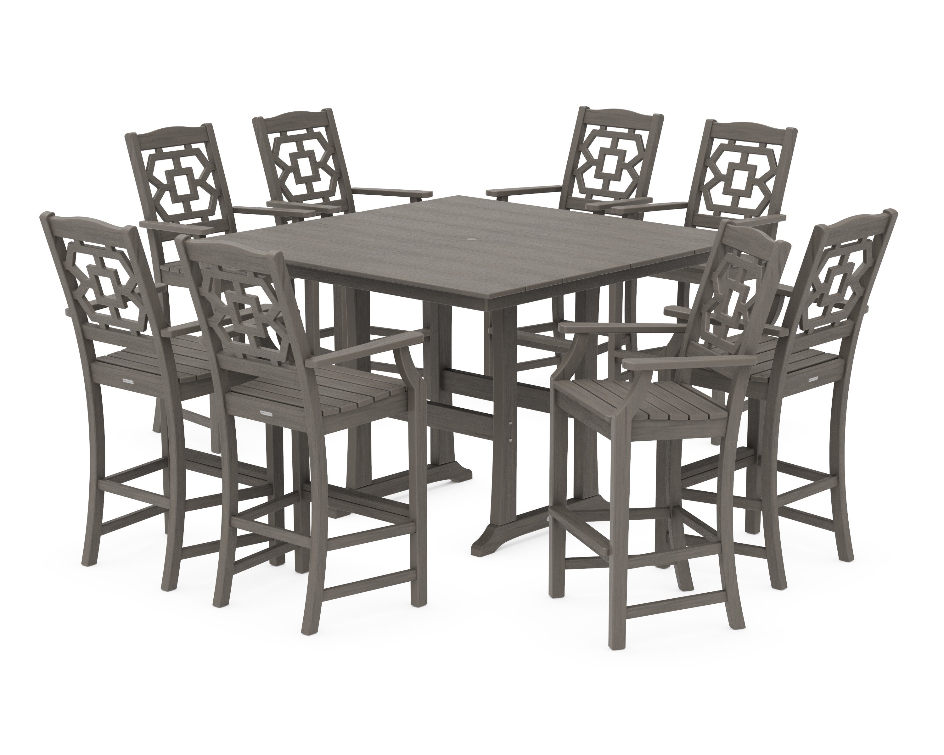 Chinoiserie 9-Piece Square Farmhouse Side Chair Bar Set with Trestle Legs in Driftwood