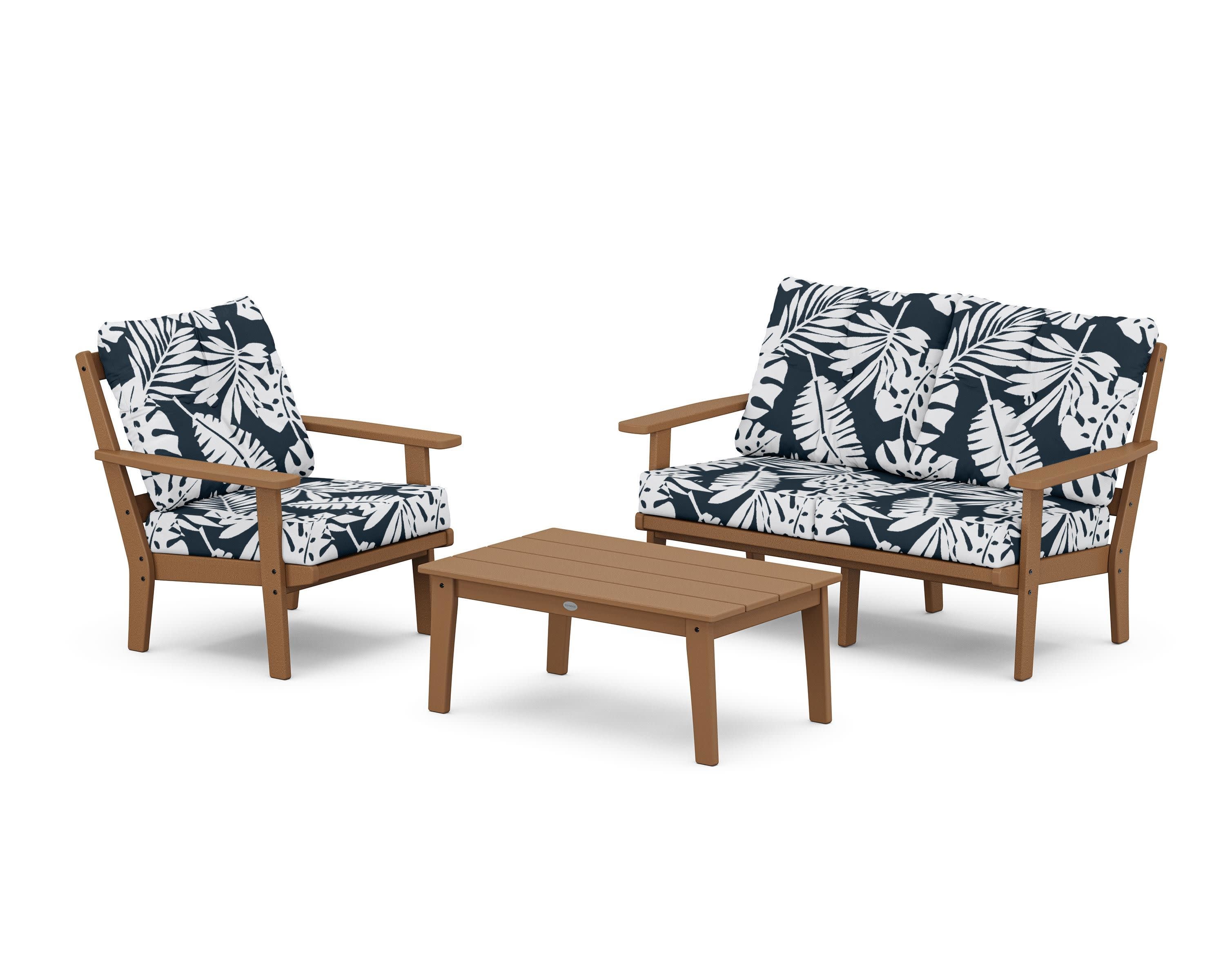 Oxford 3-Piece Deep Seating Set with Loveseat in Teak / Leaf Marine Indigo
