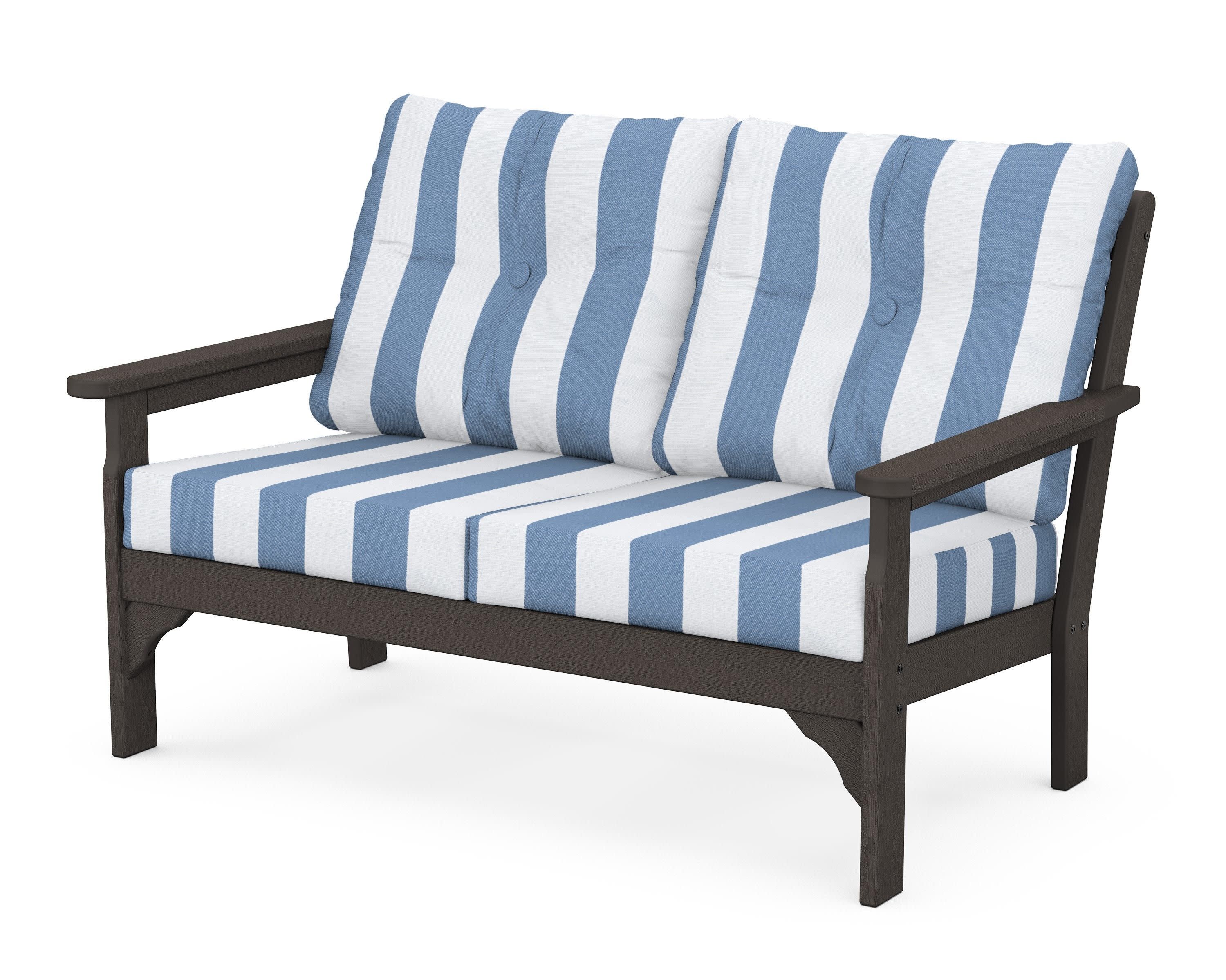 Vineyard Deep Seating Loveseat in Vintage Coffee / Cabana Stripe Sky Blue