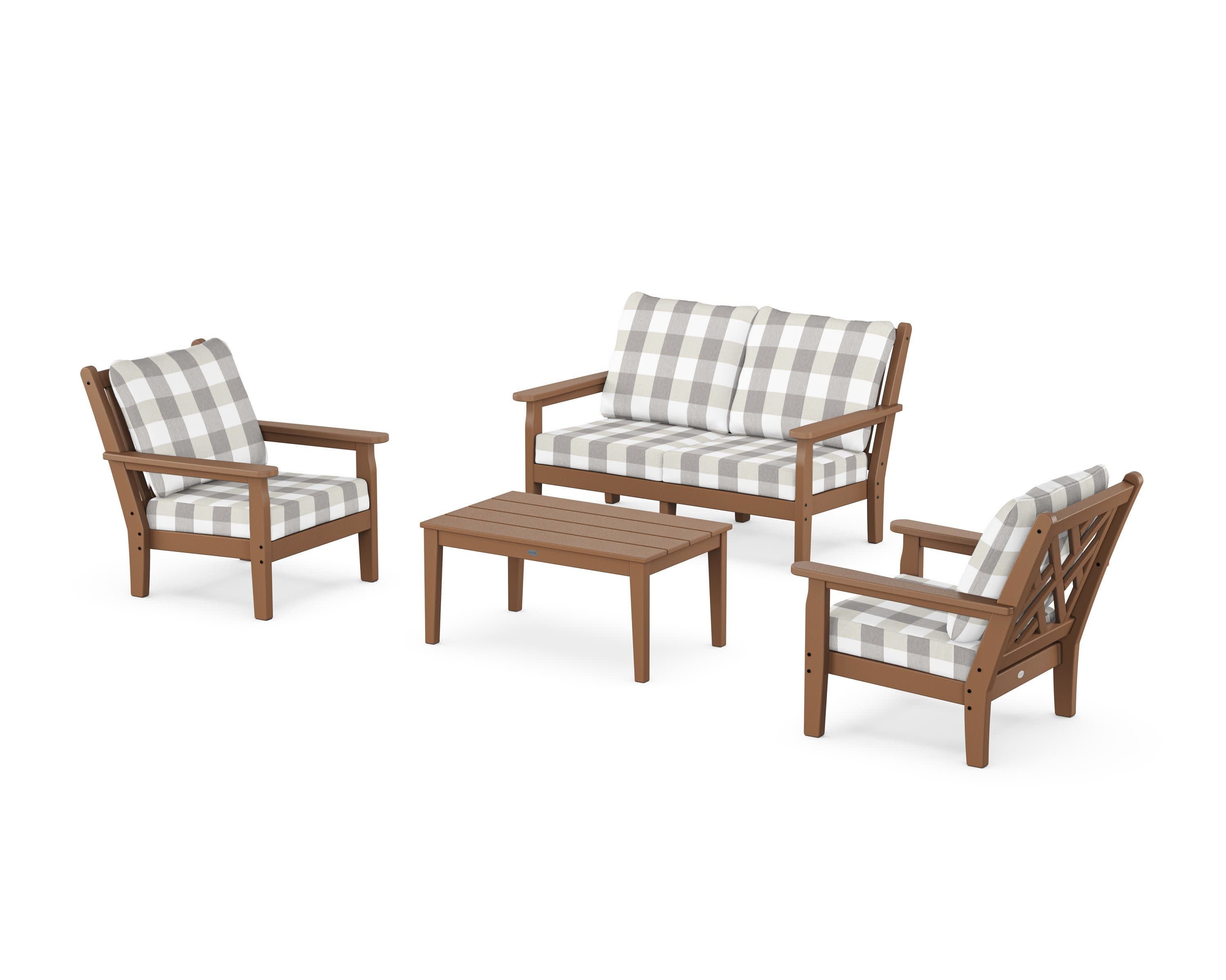 Chippendale 4-Piece Deep Seating Set with Loveseat in Teak / Buffalo Plaid Grey Mist