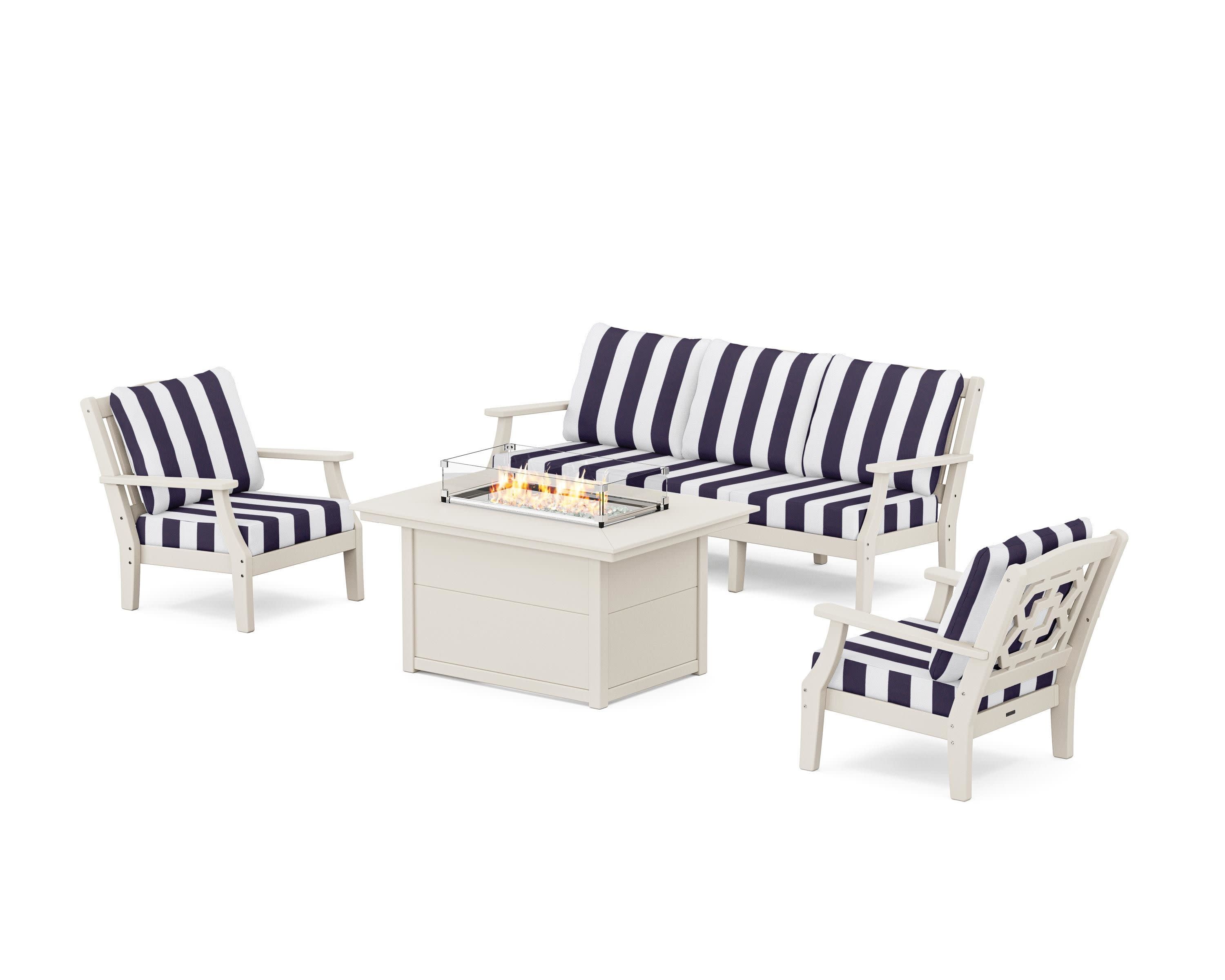 Chinoiserie Deep Seating Fire Pit Table Set in Sand / Cabana Stripe Navy