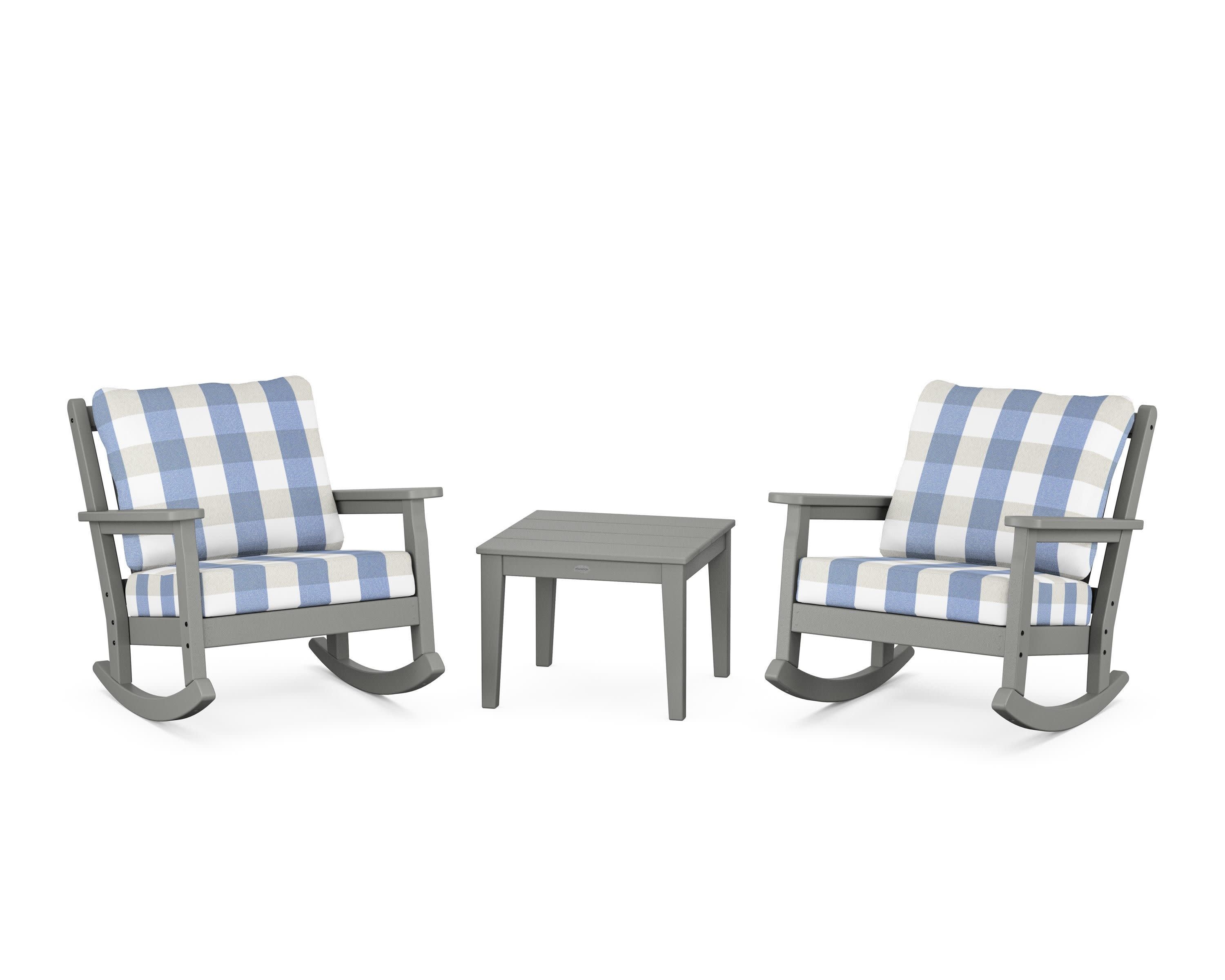 Chippendale 3-Piece Deep Seating Rocker Set in Slate Grey / Buffalo Plaid Sky Blue