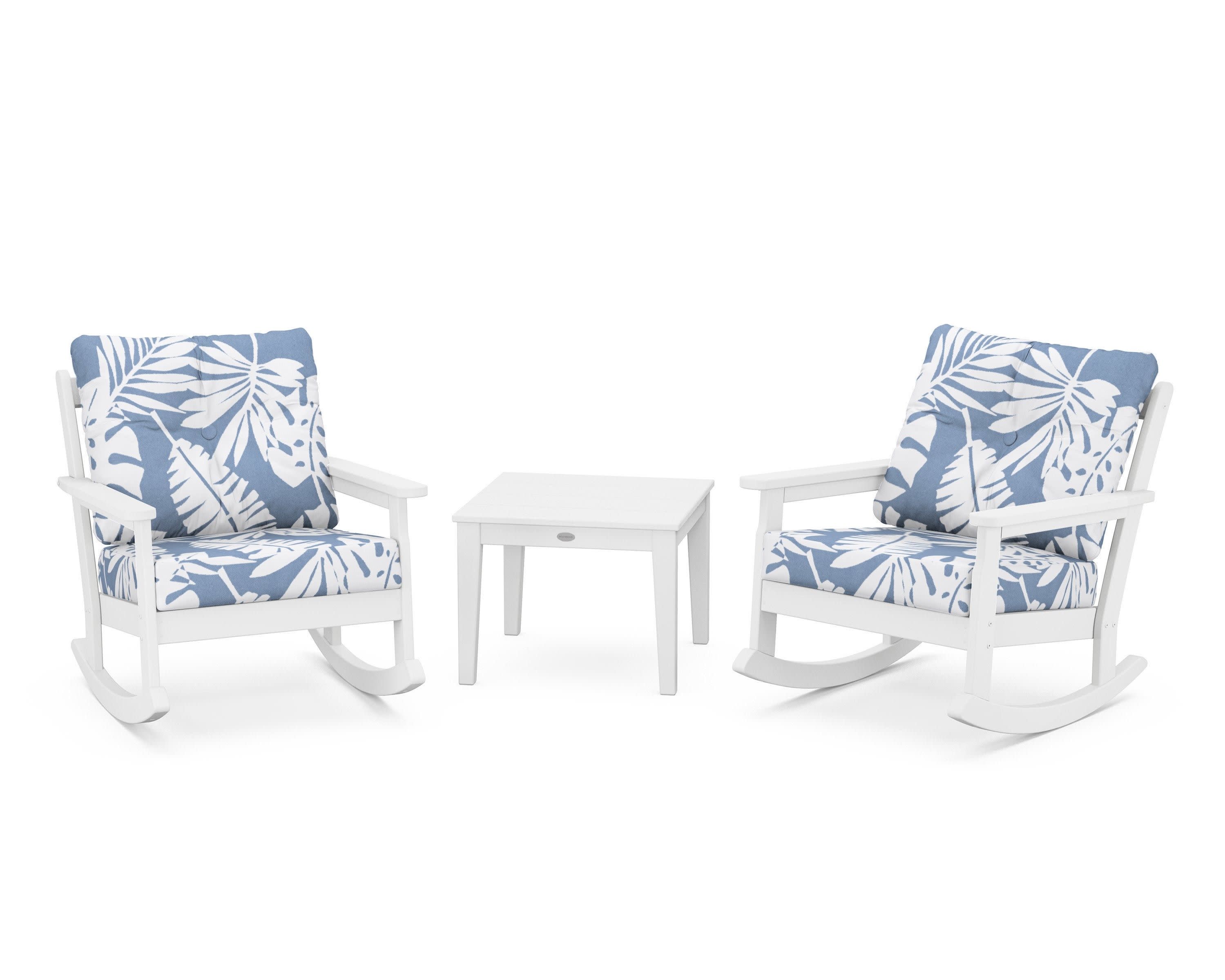 Vineyard 3-Piece Deep Seating Rocker Set in White / Leaf Sky Blue