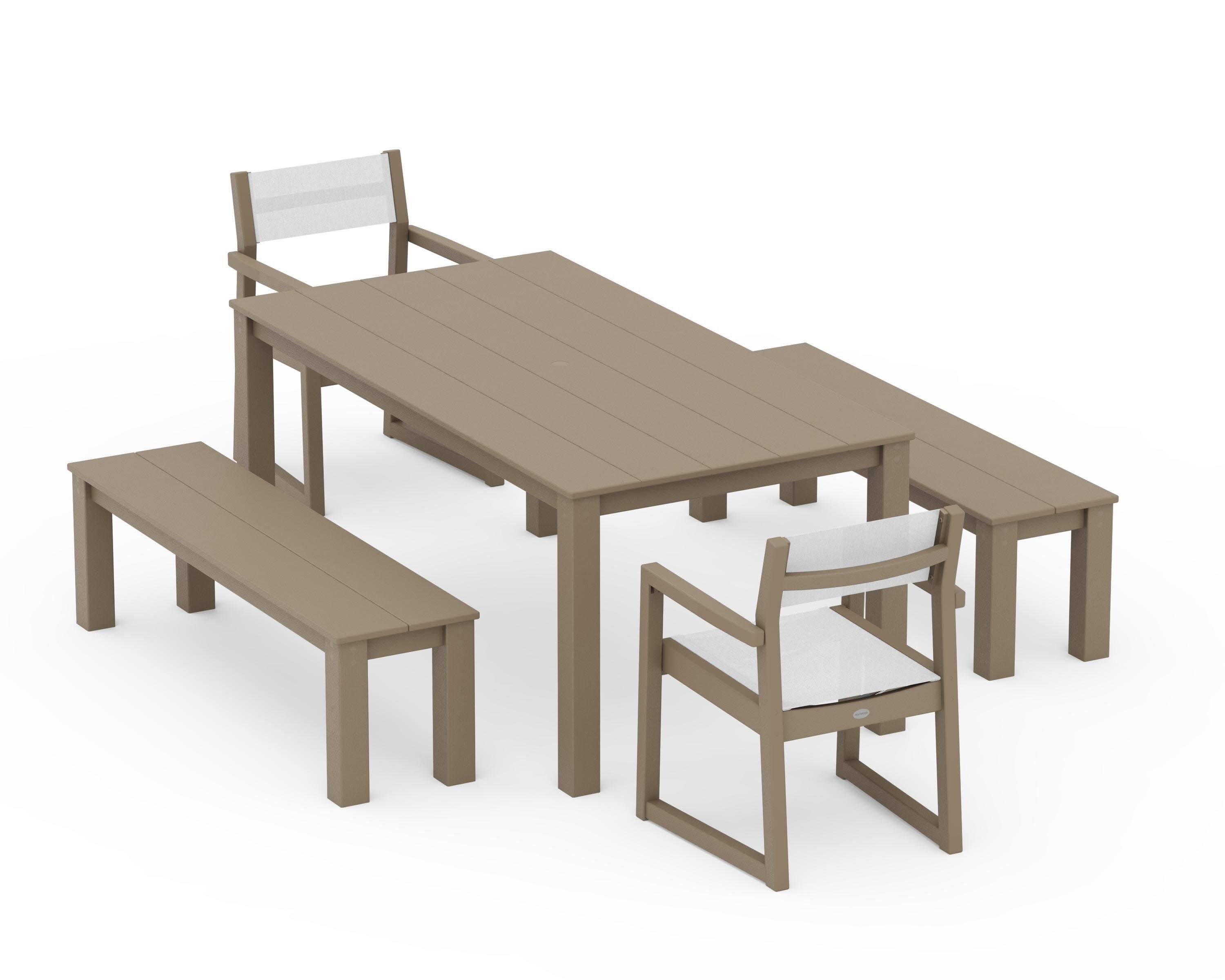 EDGE Sling Arm Chair 5-Piece Parsons Dining Set with Benches in Vintage Sahara / White Sling