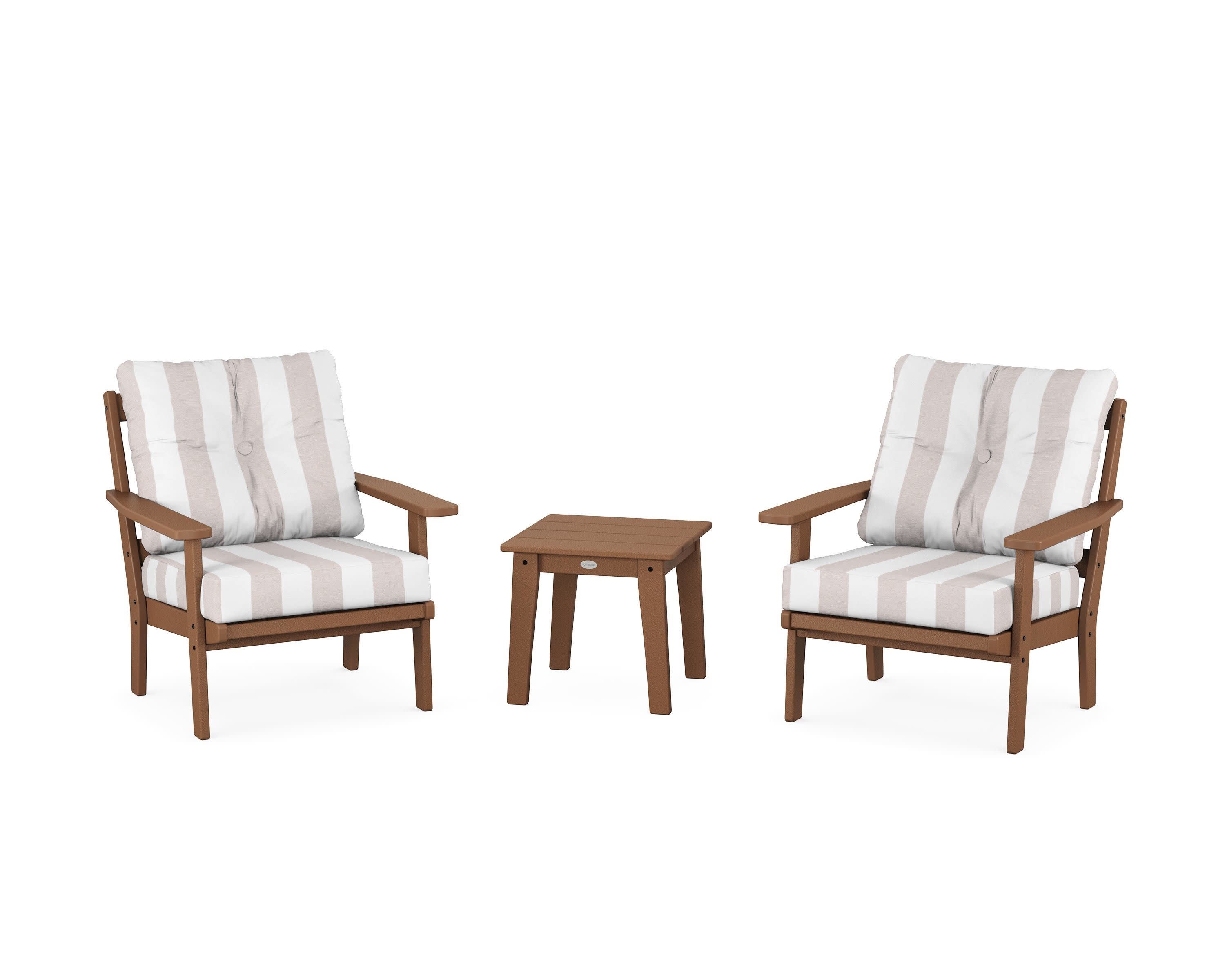 Oxford 3-Piece Deep Seating Set in Teak / Cabana Stripe Dune Burlap