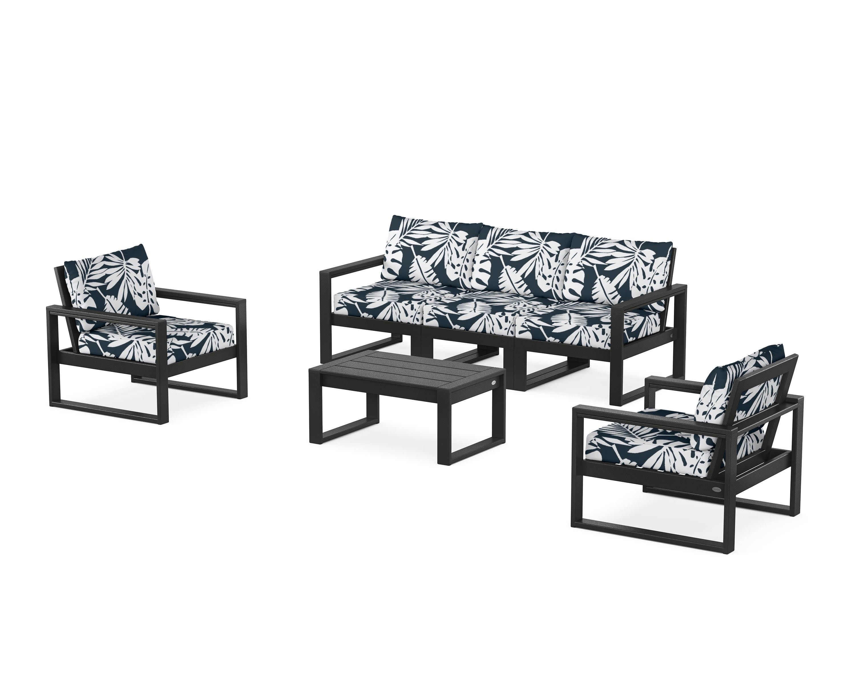 EDGE Sectional 4-Piece Deep Seating Set with Sofa in Black / Leaf Marine Indigo