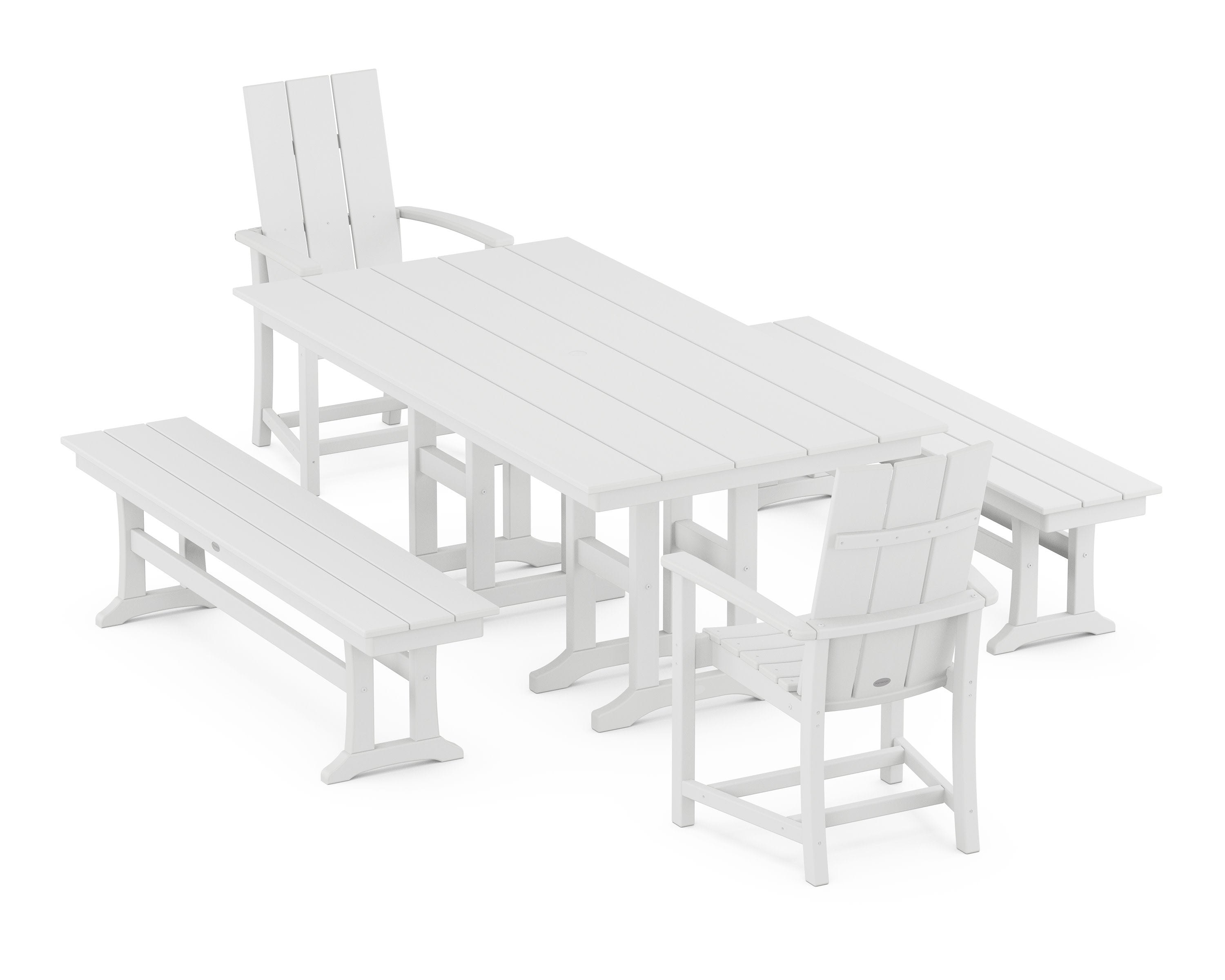Modern Adirondack 5-Piece Farmhouse Dining Set with Benches in White