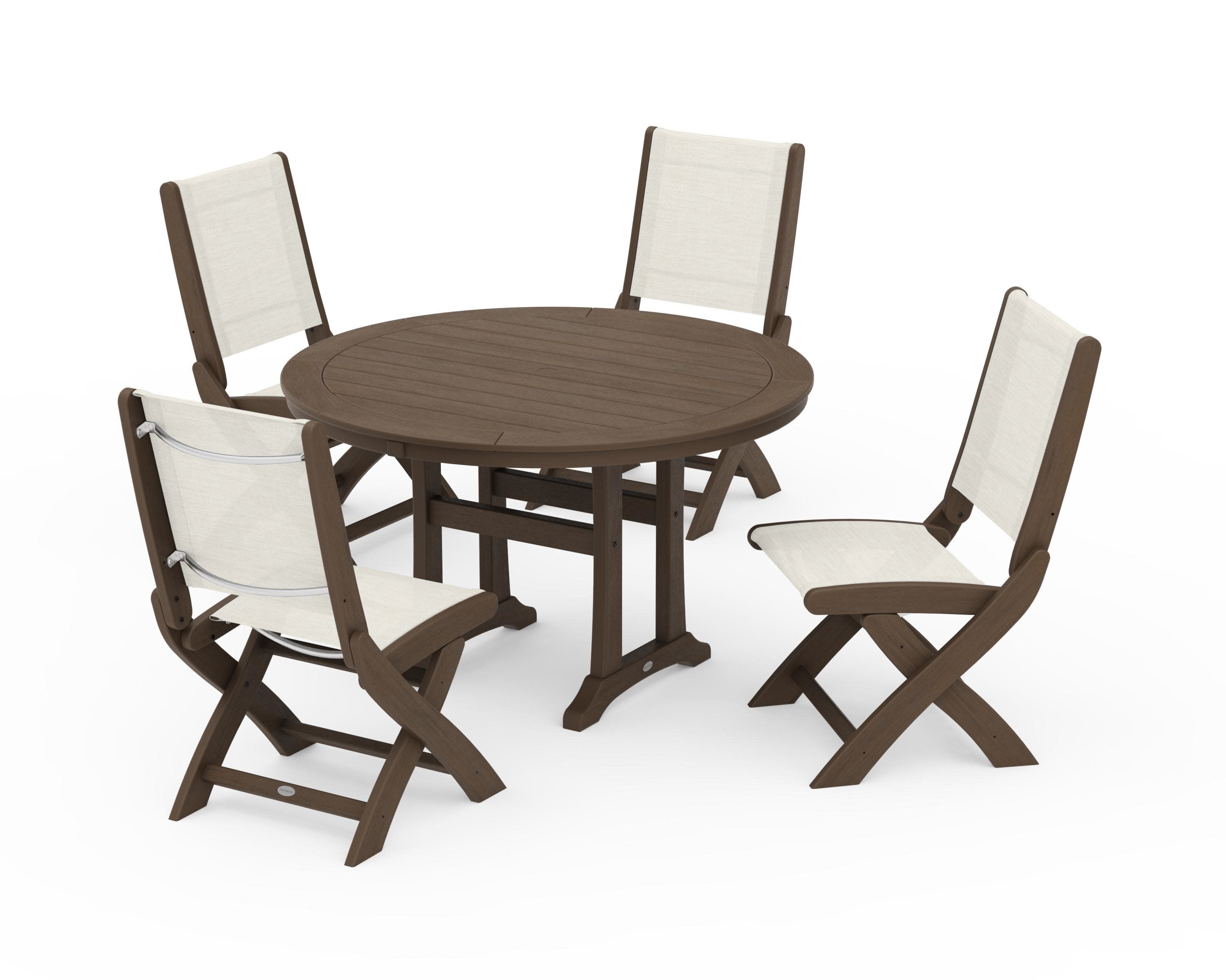 Coastal Folding Side Chair 5-Piece Round Dining Set With Trestle Legs in Kona / Parchment Sling