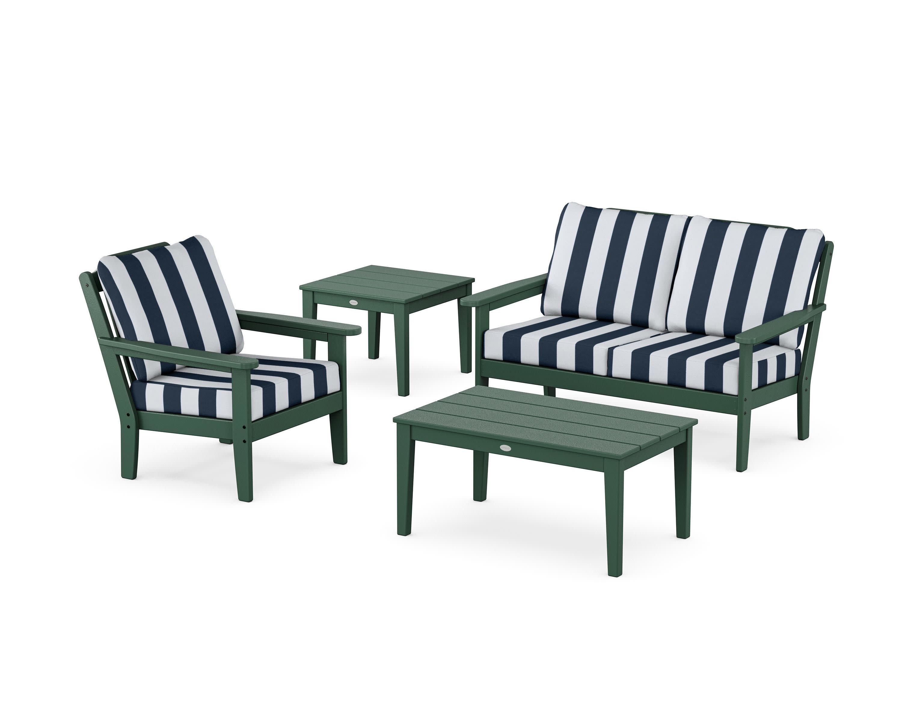 Wovendale 4-Piece Deep Seating Set in Green / Cabana Stripe Marine Indigo