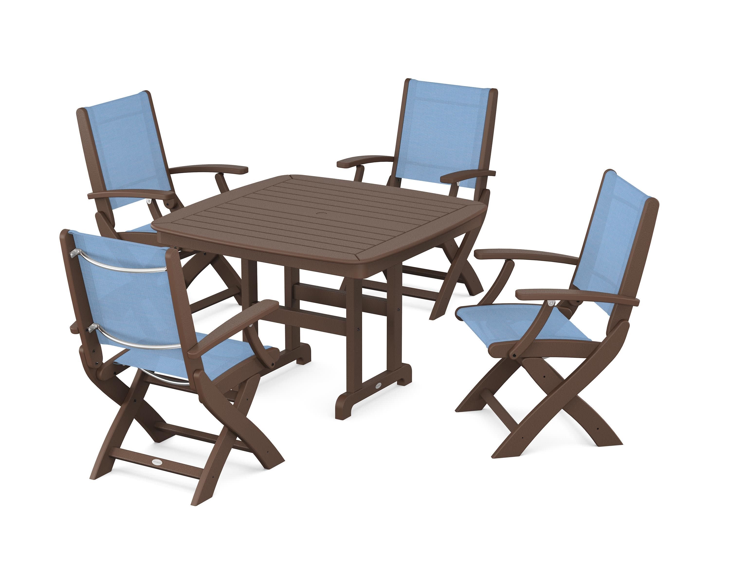 Coastal Folding Chair 5-Piece Dining Set in Mahogany / Poolside Sling