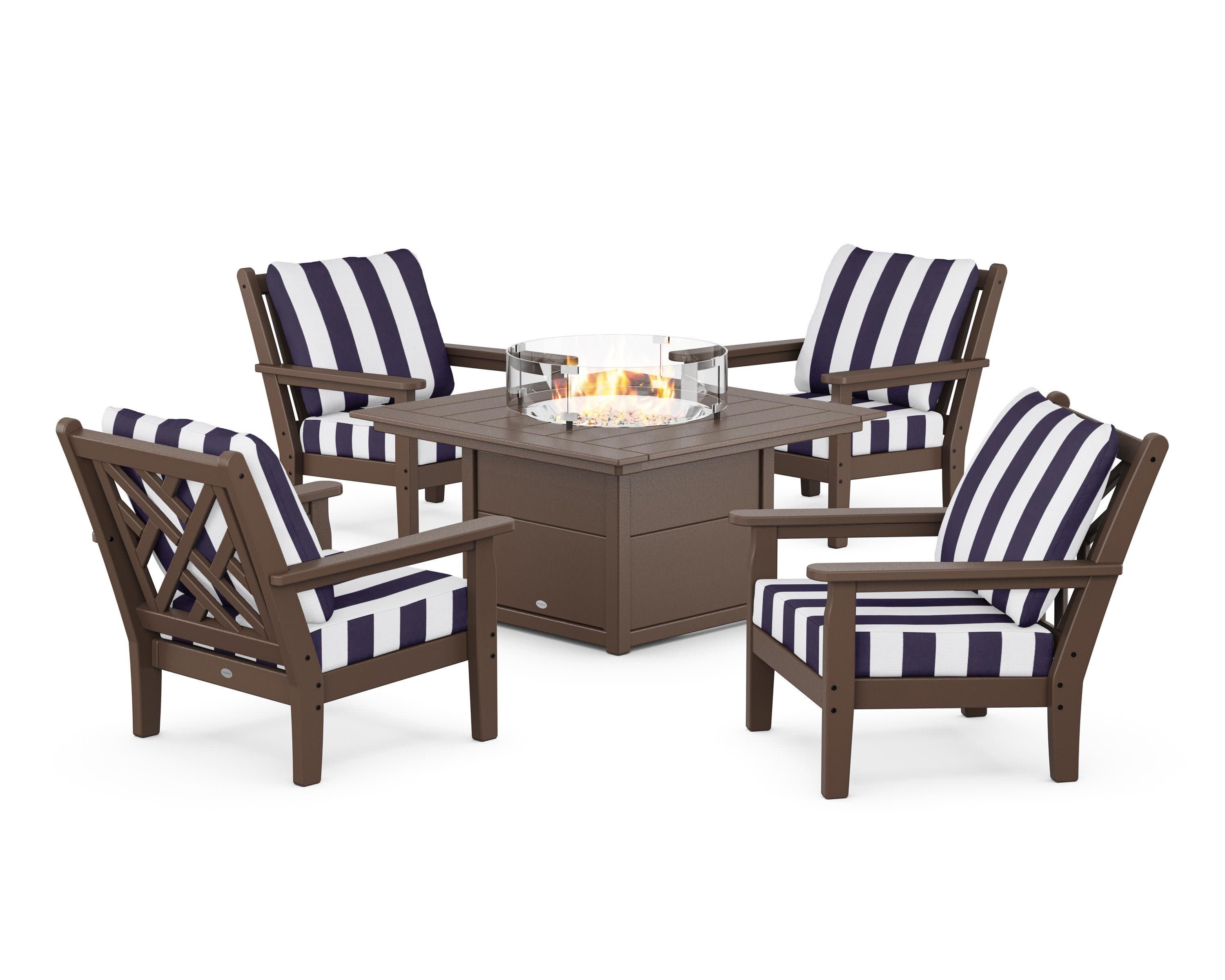Chippendale 5-Piece Deep Seating Set with Fire Pit Table in Mahogany / Cabana Stripe Navy