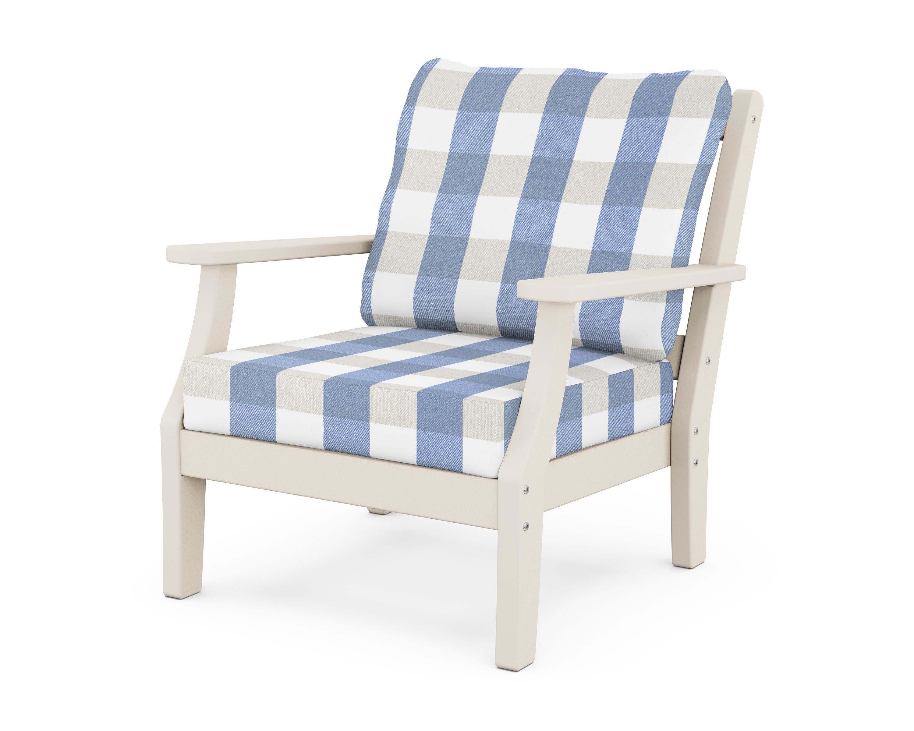 Chinoiserie Deep Seating Chair in Sand / Buffalo Plaid Sky Blue
