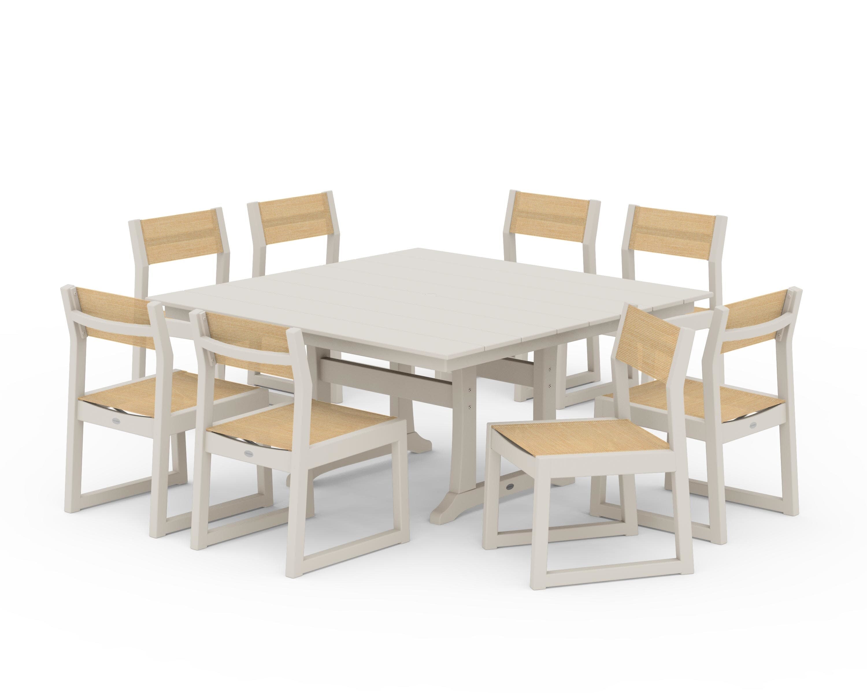 EDGE Sling Side Chair 9-Piece Farmhouse Trestle Dining Set in Sand / Dupioni Apricot Sling