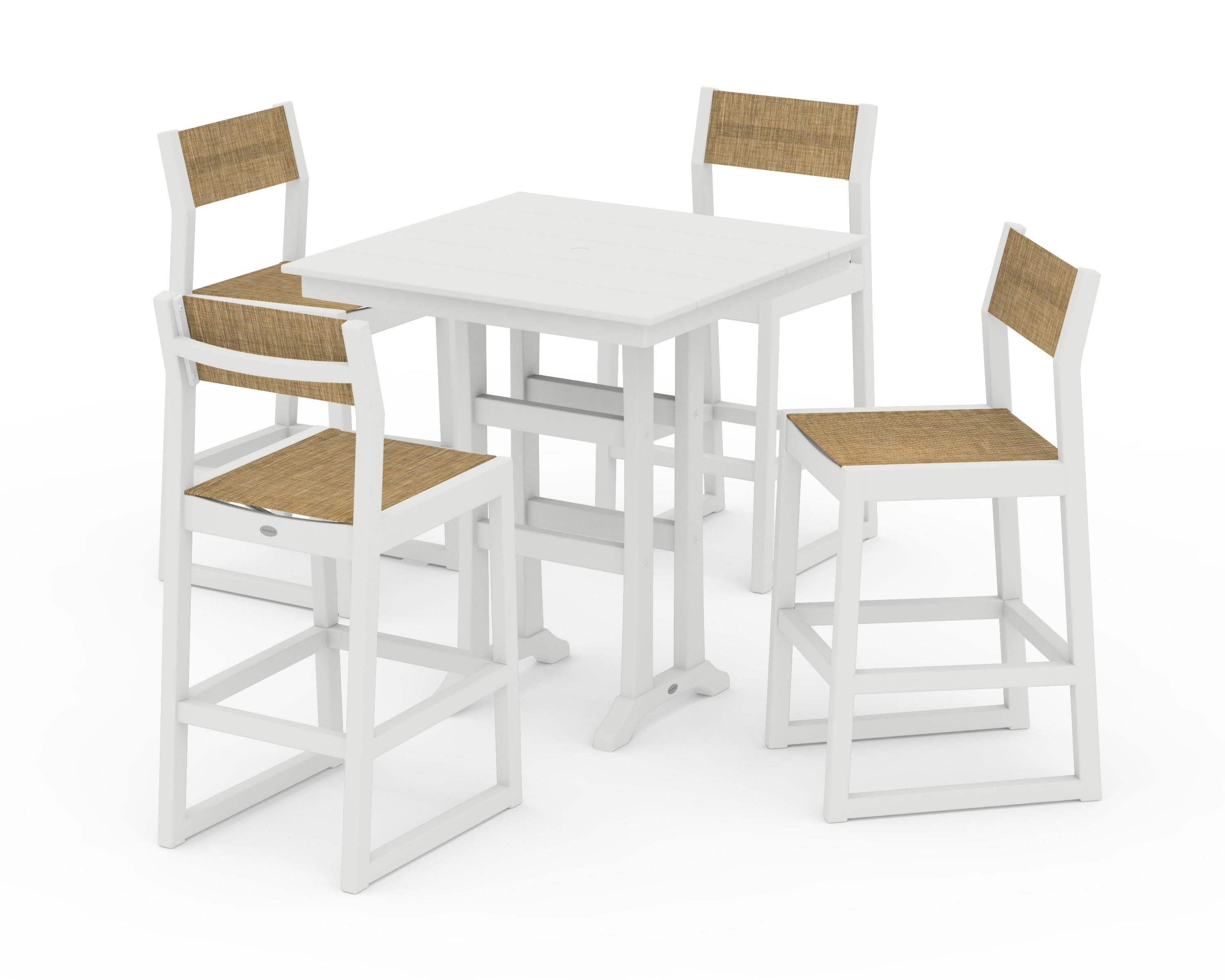 EDGE Sling Arm Chair 5-Piece Farmhouse Bar Set with Trestle Legs in Vintage White / Burlap Sling