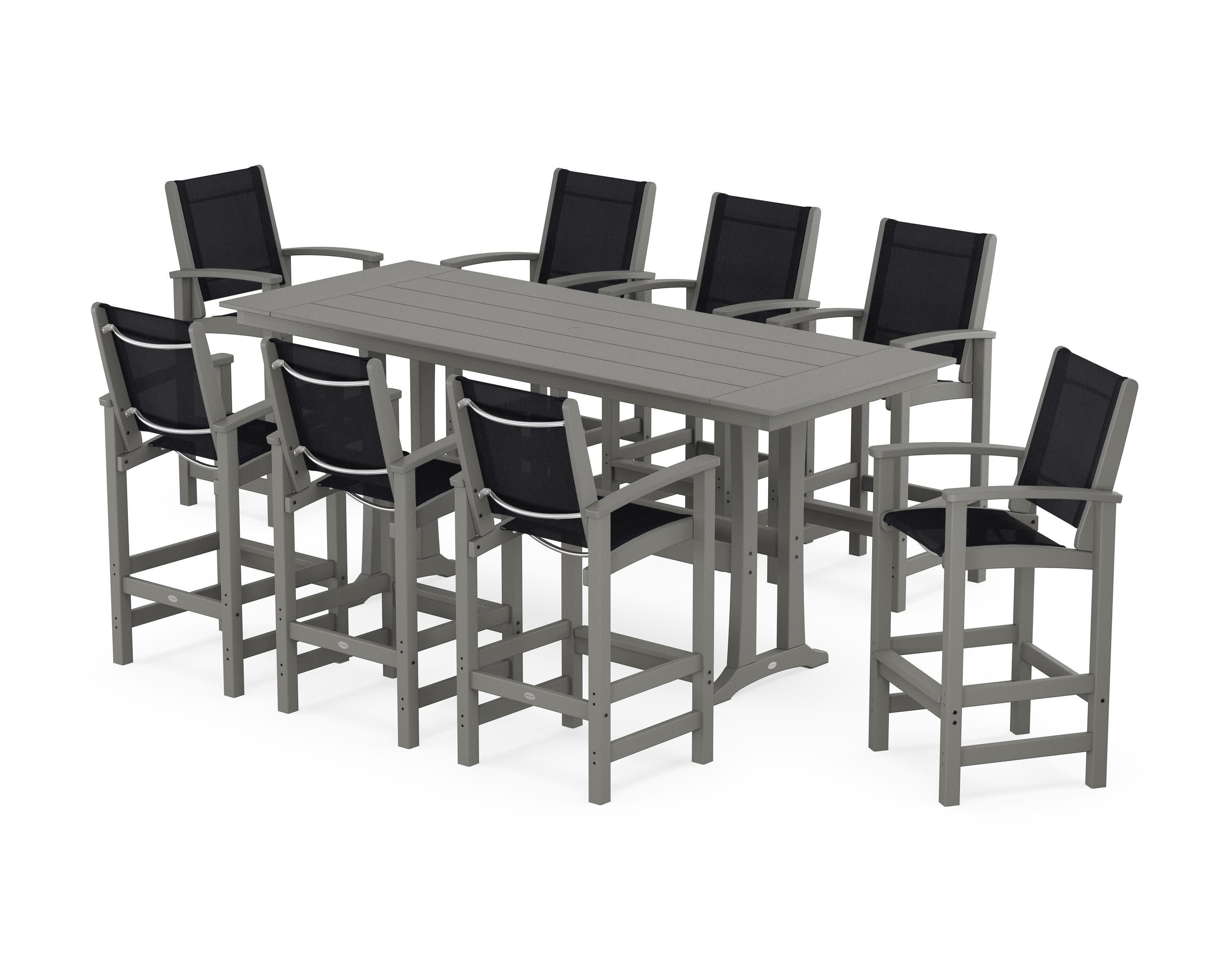 Coastal 9-Piece Farmhouse Bar Set with Trestle Legs in Slate Grey / Black Sling