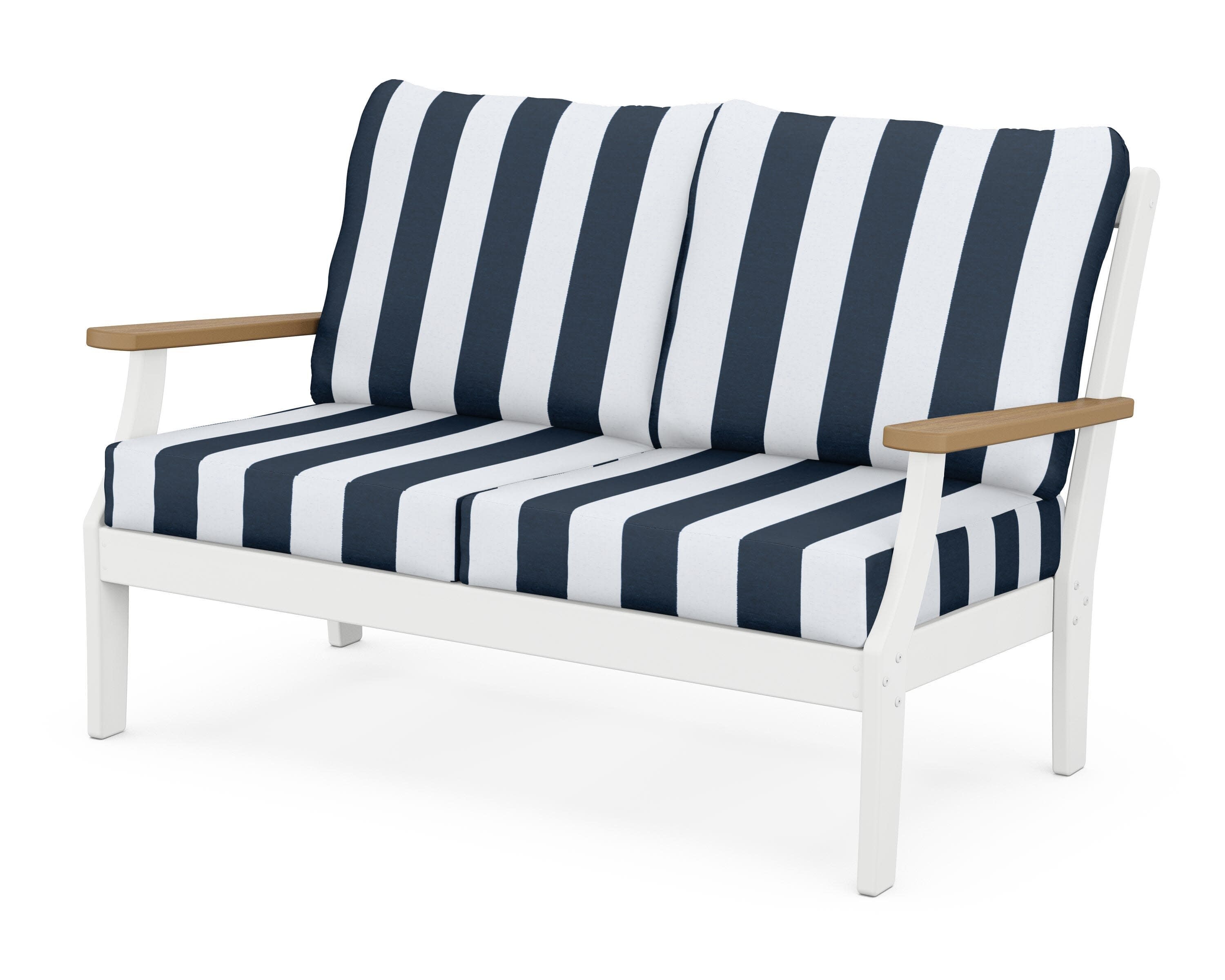 Braxton Deep Seating Loveseat in White / Natural / Cabana Stripe Marine Indigo