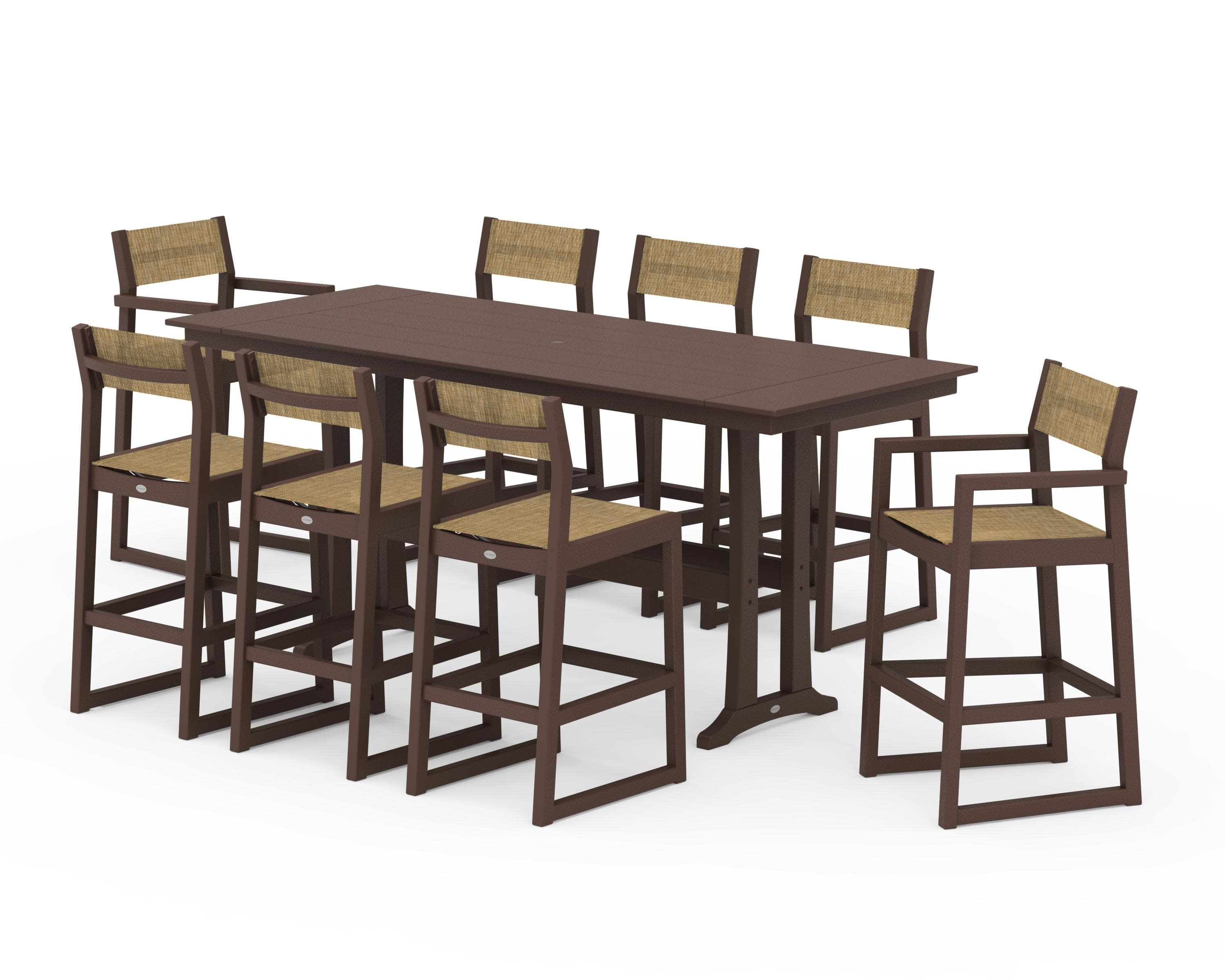 EDGE Sling 9-Piece Farmhouse Bar Set with Trestle Legs in Mahogany / Burlap Sling