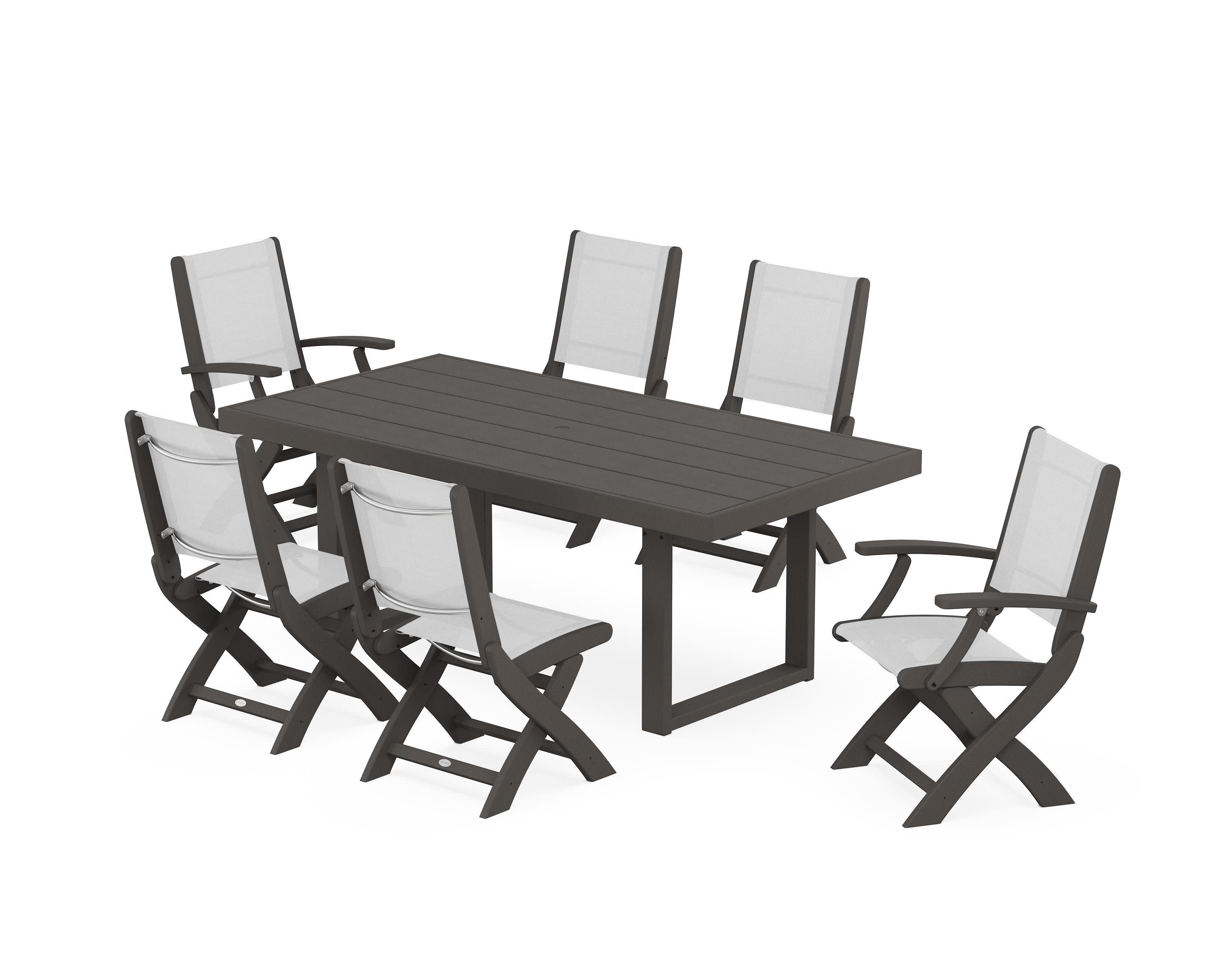 Coastal Folding Chair 7-Piece Dining Set with Trestle Legs in Vintage Coffee / White Sling