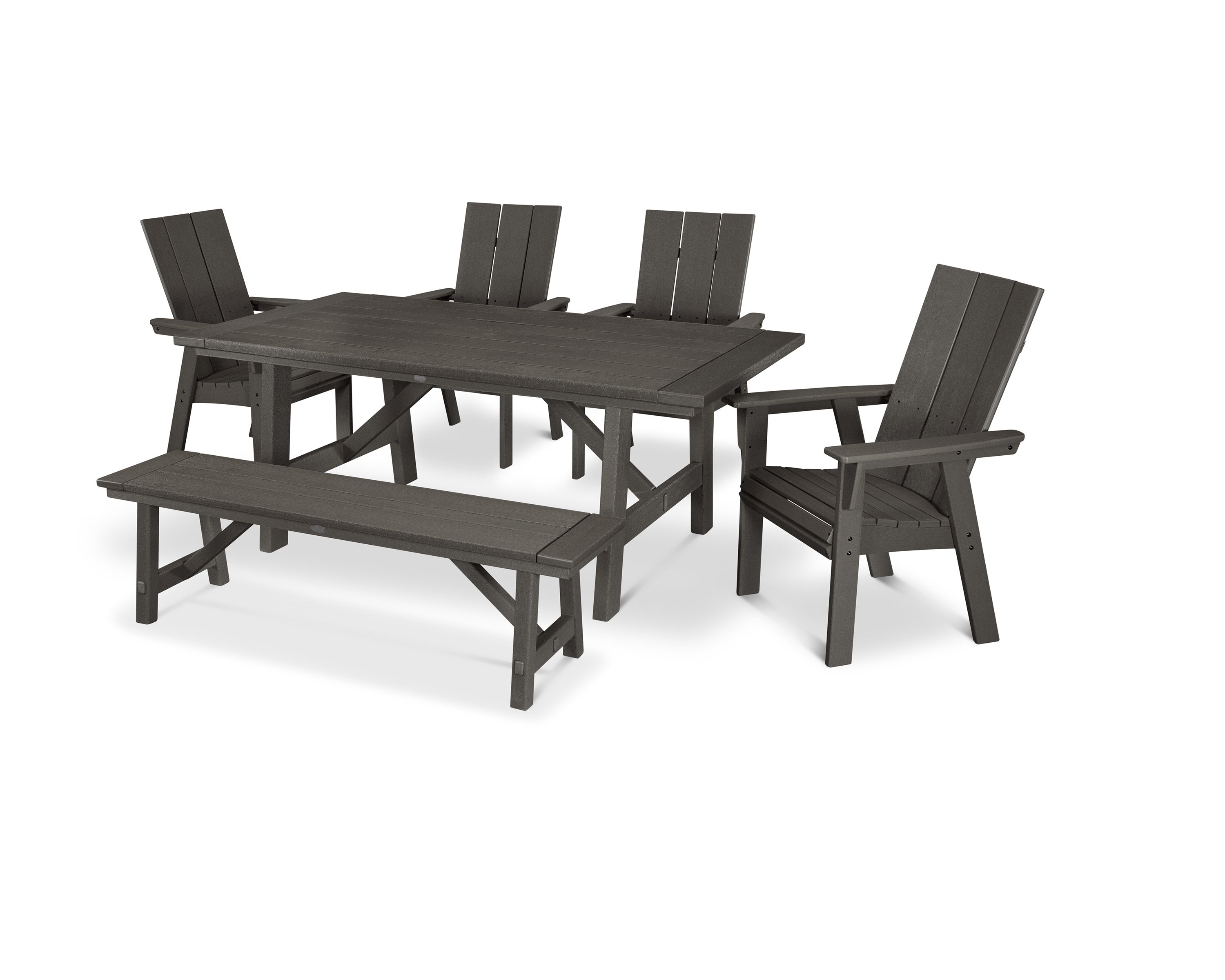 Modern Curveback Adirondack 6-Piece Rustic Farmhouse Dining Set with Bench in Vintage Coffee