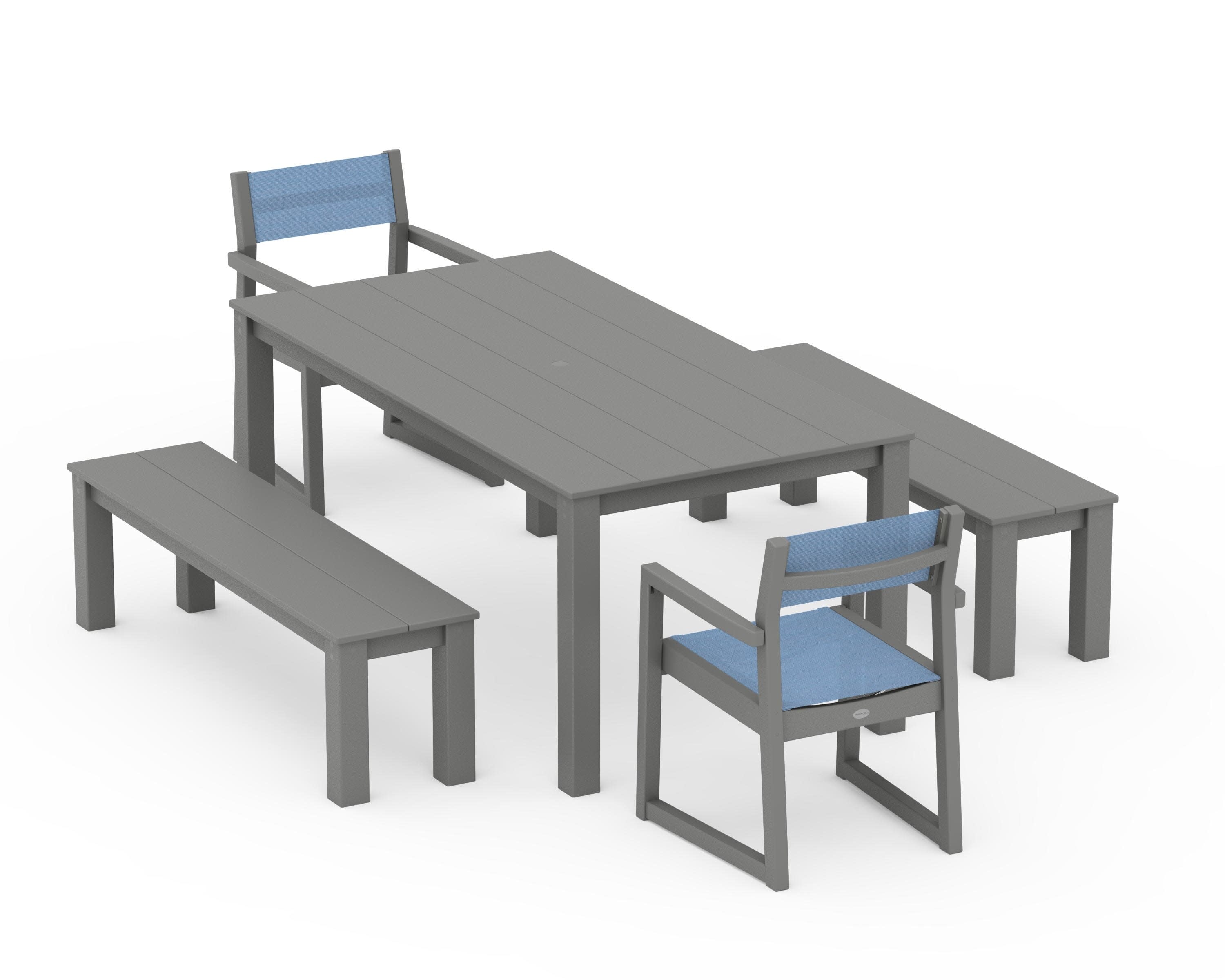 EDGE Sling Arm Chair 5-Piece Parsons Dining Set with Benches in Slate Grey / Poolside Sling