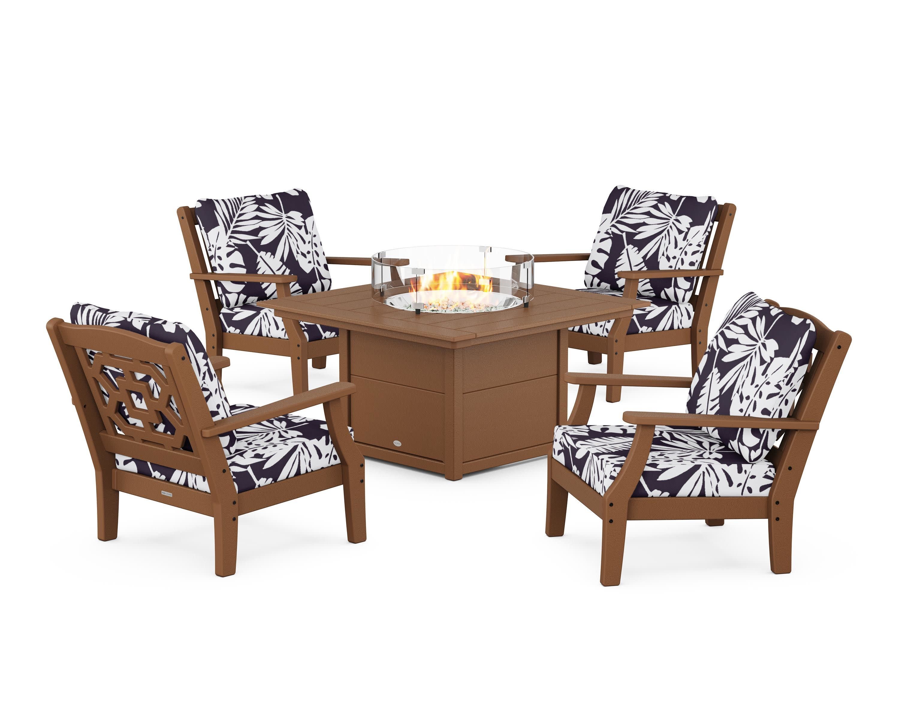 Chinoiserie 5-Piece Deep Seating Set with Fire Pit Table in Teak / Leaf Navy