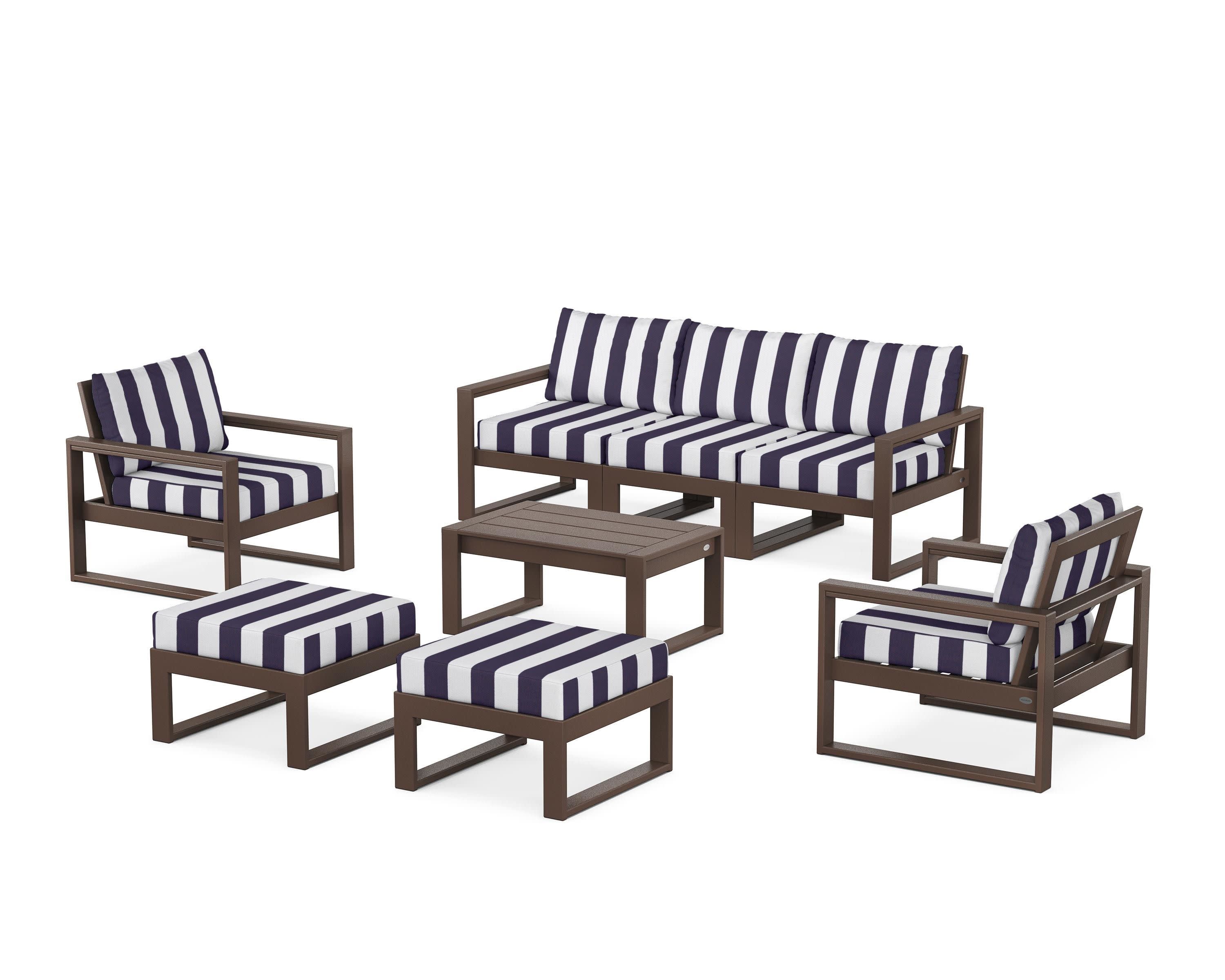 EDGE Sectional 8-Piece Lounge Sofa Set in Mahogany / Cabana Stripe Navy