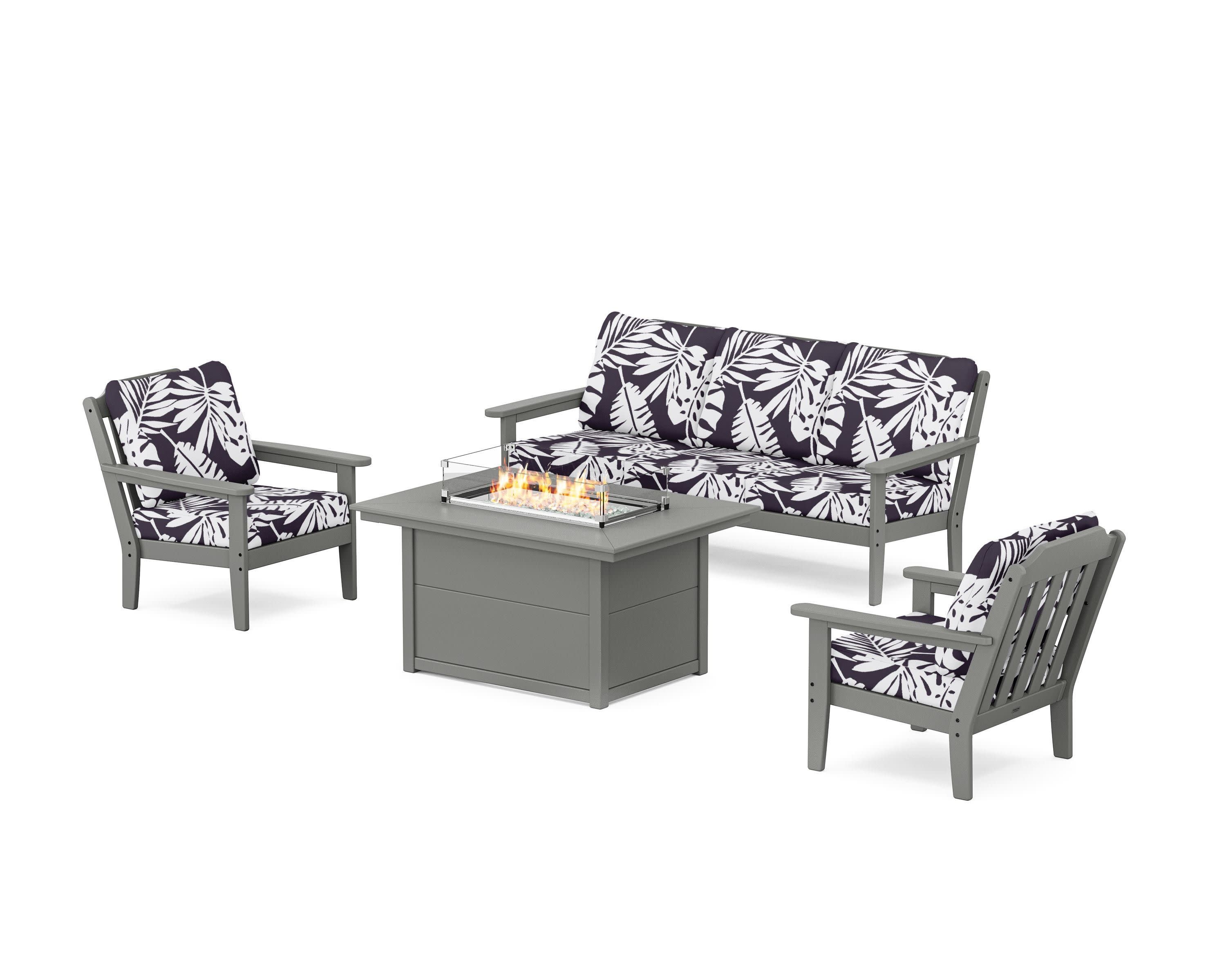 Cottage Deep Seating Fire Pit Table Set in Slate Grey / Leaf Navy