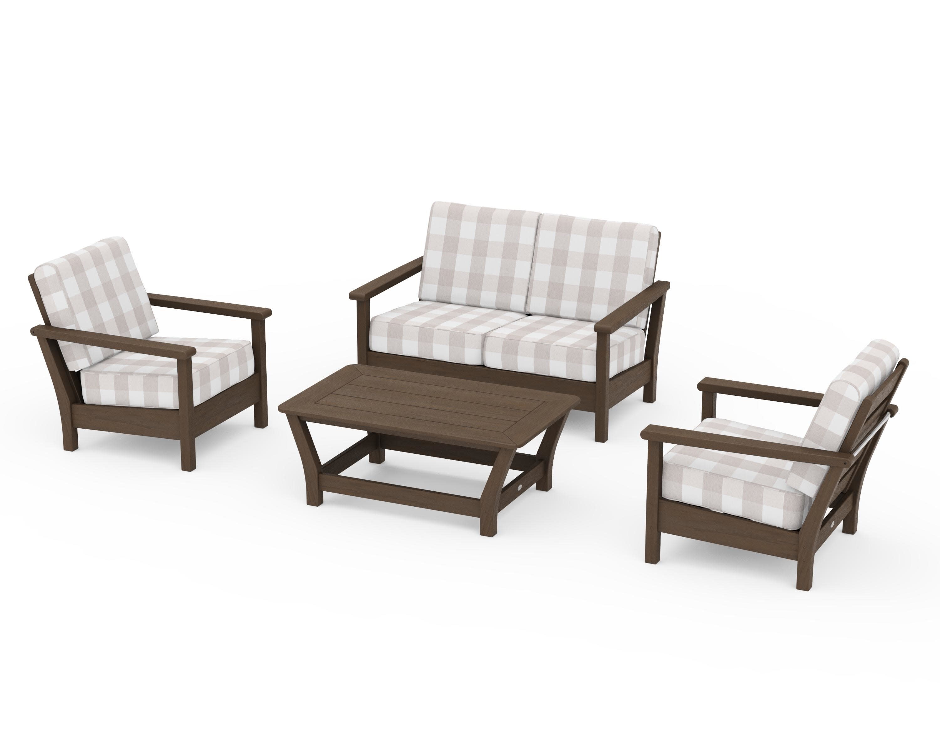 Harbour 4-Piece Deep Seating Set in Kona / Buffalo Plaid Dune Burlap