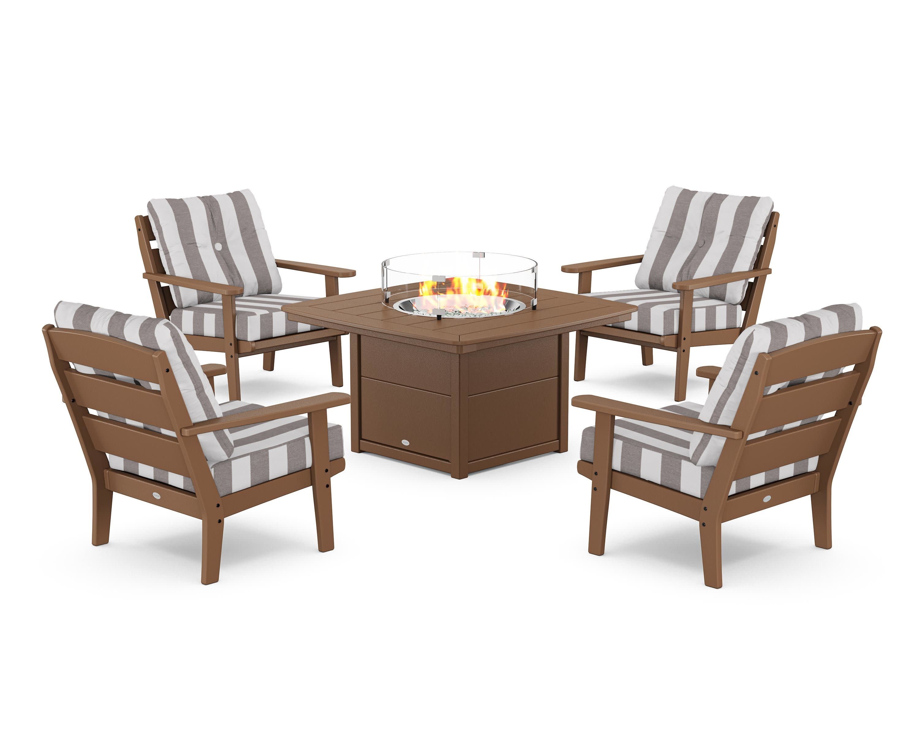 Lakeside 5-Piece Deep Seating Set with Nautical Fire Pit Table in Teak / Cabana Stripe Grey Mist