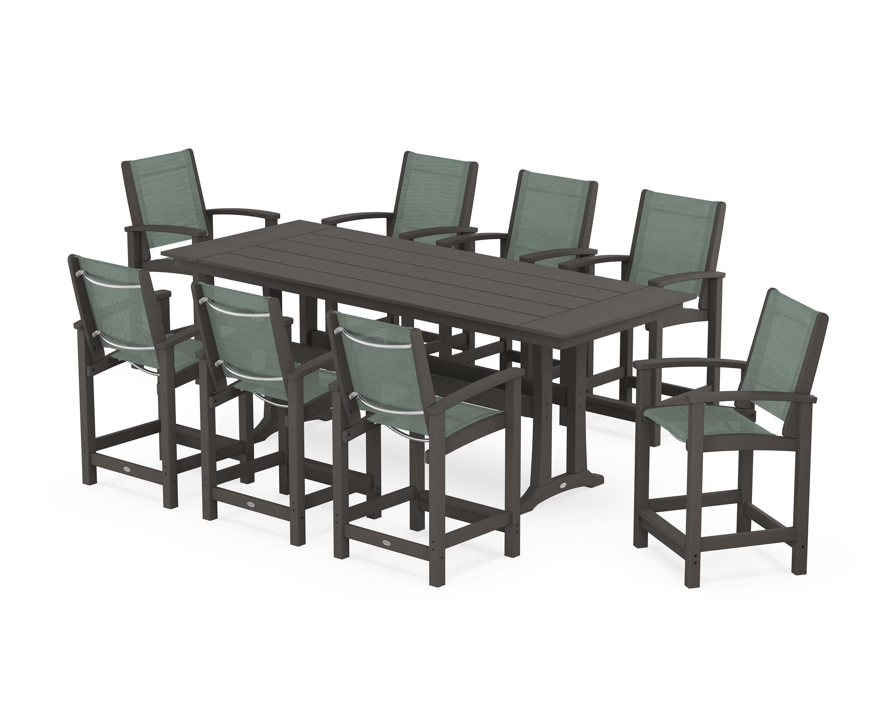 Coastal 9-Piece Farmhouse Counter Set with Trestle Legs in Vintage Coffee / Dupioni Sea Mist Sling