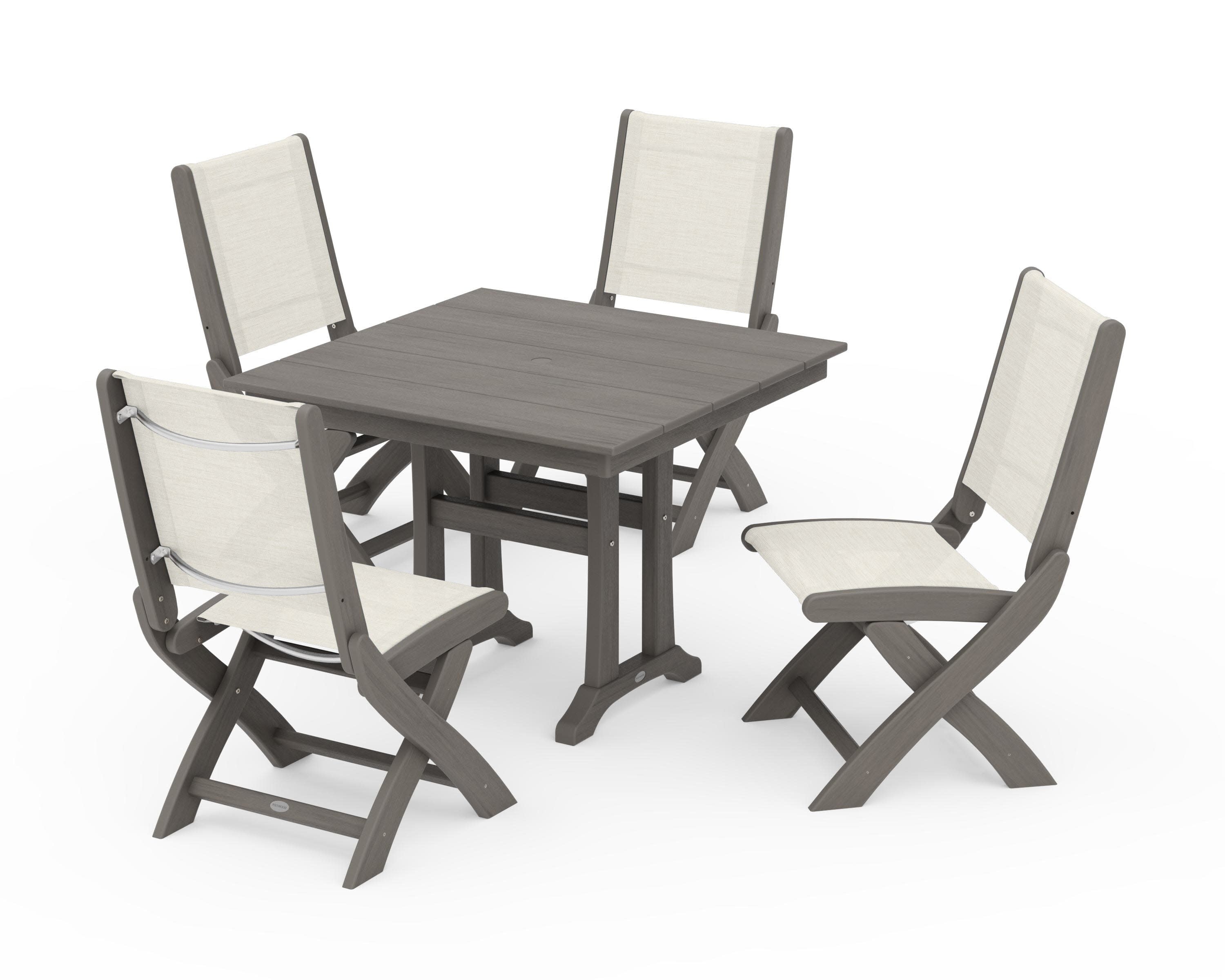 Coastal Folding Side Chair 5-Piece Farmhouse Dining Set With Trestle Legs in Driftwood / Parchment Sling