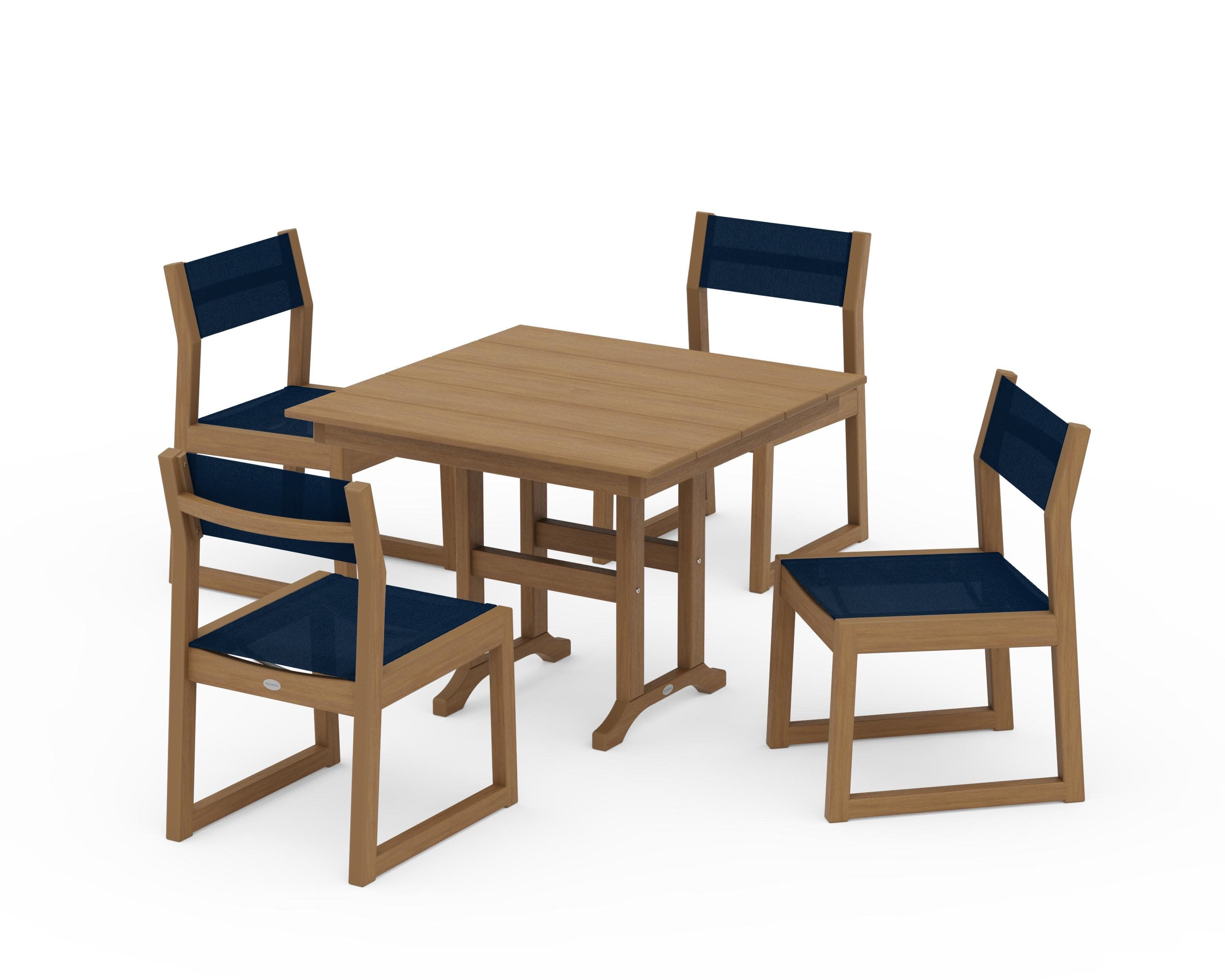 EDGE Sling Side Chair 5-Piece Farmhouse Dining Set in Natural / Navy Blue Sling