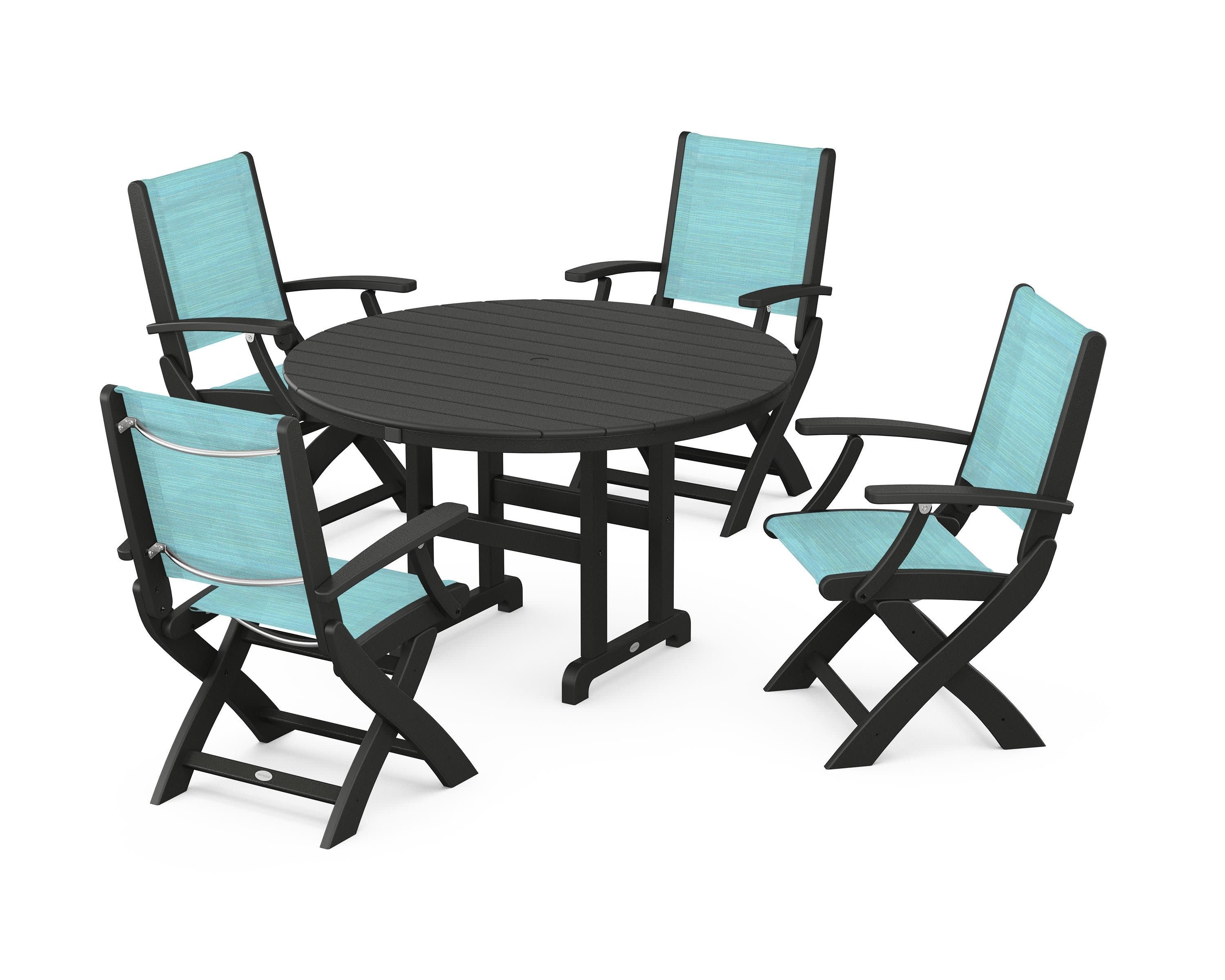Coastal Folding Chair 5-Piece Round Dining Set in Black / Dupioni Aquamarine Sling