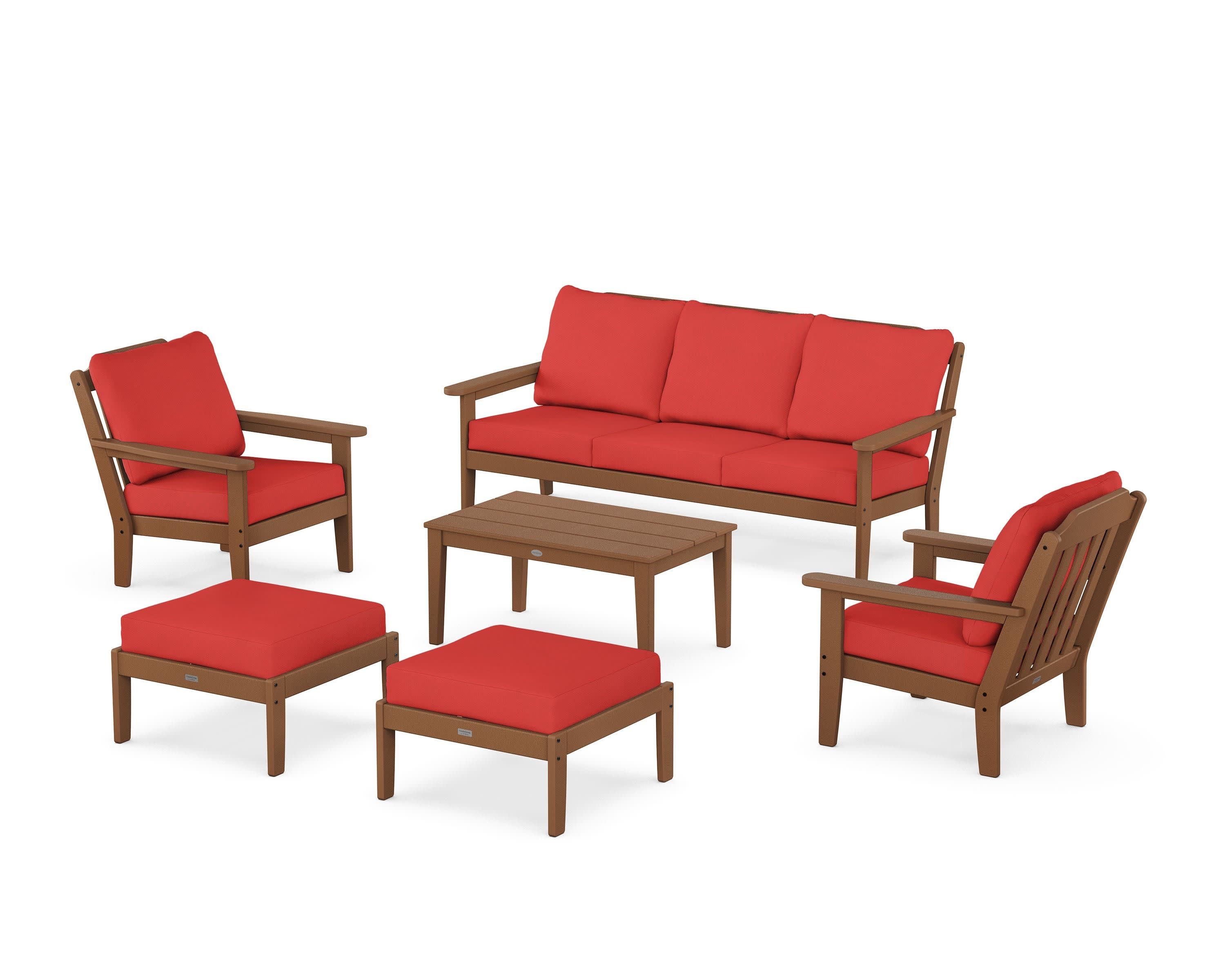 Cottage 6-Piece Lounge Sofa Set in Teak / Crimson Linen