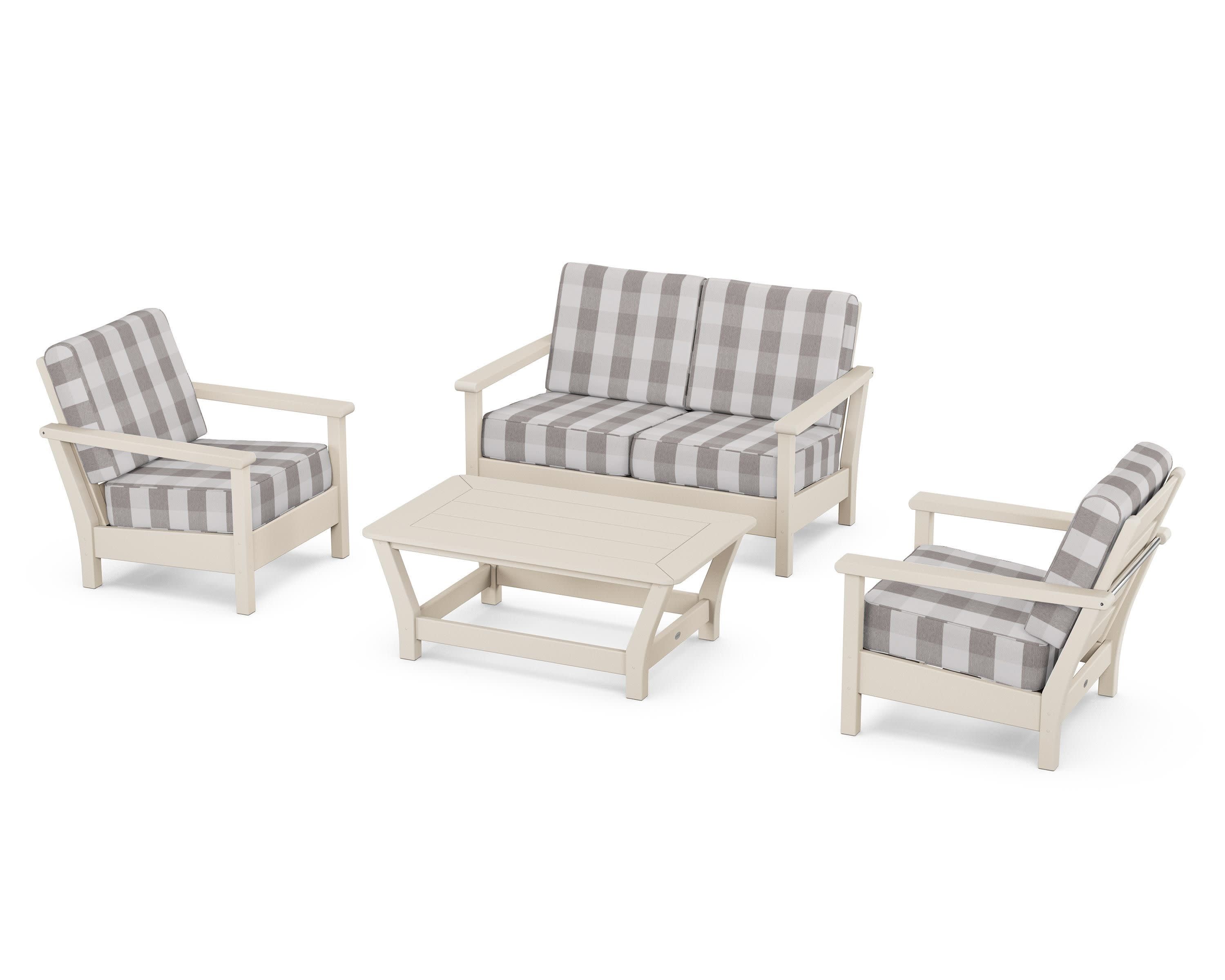 Harbour 4-Piece Deep Seating Set in Sand / Buffalo Plaid Grey Mist
