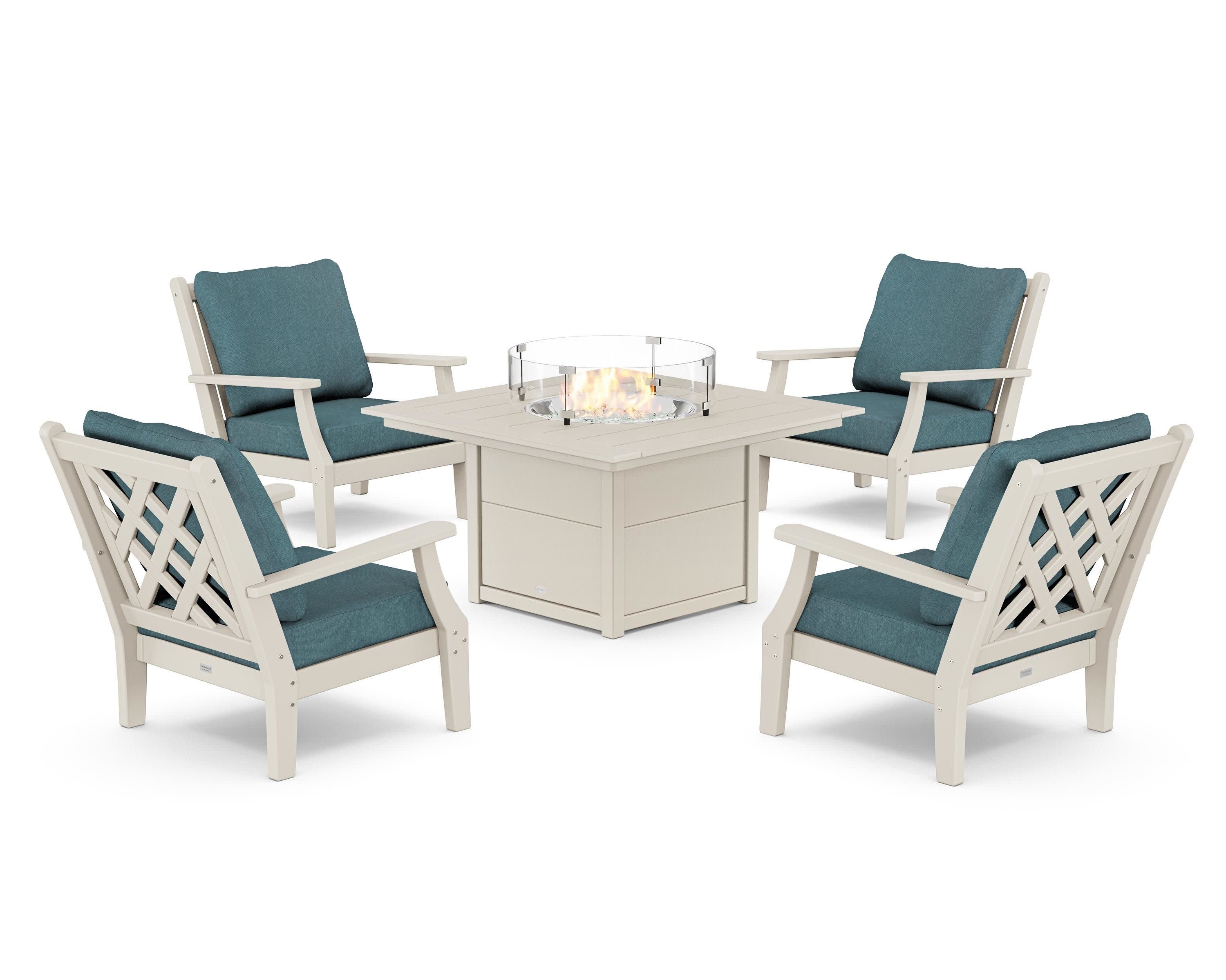 Wovendale 5-Piece Deep Seating Set with Fire Pit Table in Sand / Ocean Teal
