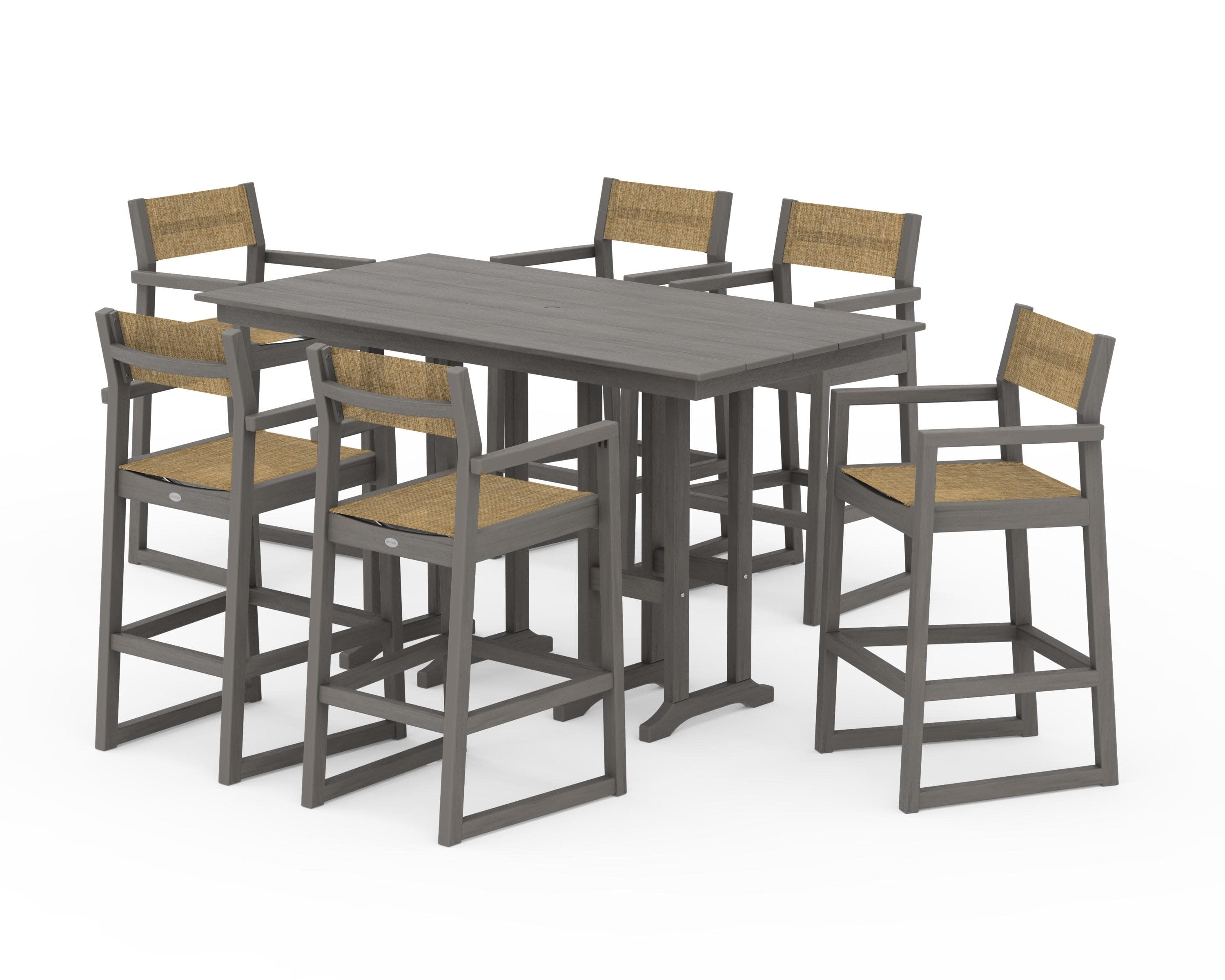EDGE Sling Arm Chair 7-Piece Farmhouse Bar Set in Driftwood / Burlap Sling
