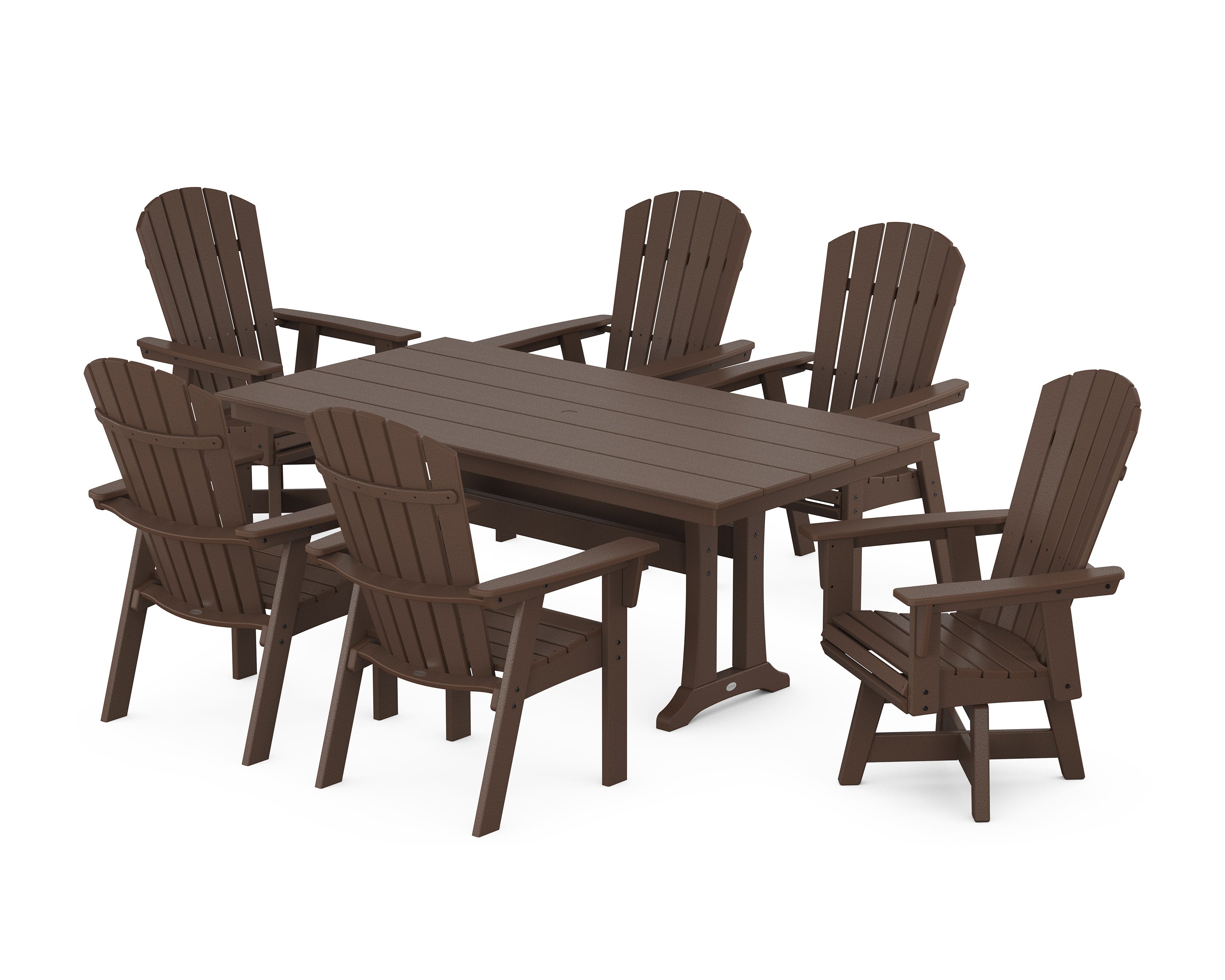 Nautical Curveback Adirondack Swivel Chair 7-Piece Farmhouse Dining Set With Trestle Legs in Mahogany
