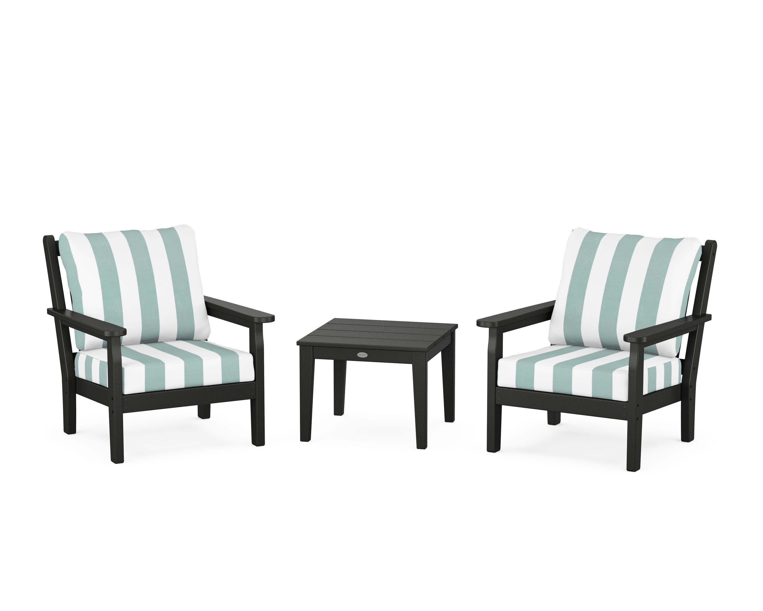 Chippendale 3-Piece Deep Seating Set in Black / Cabana Stripe Glacier Spa