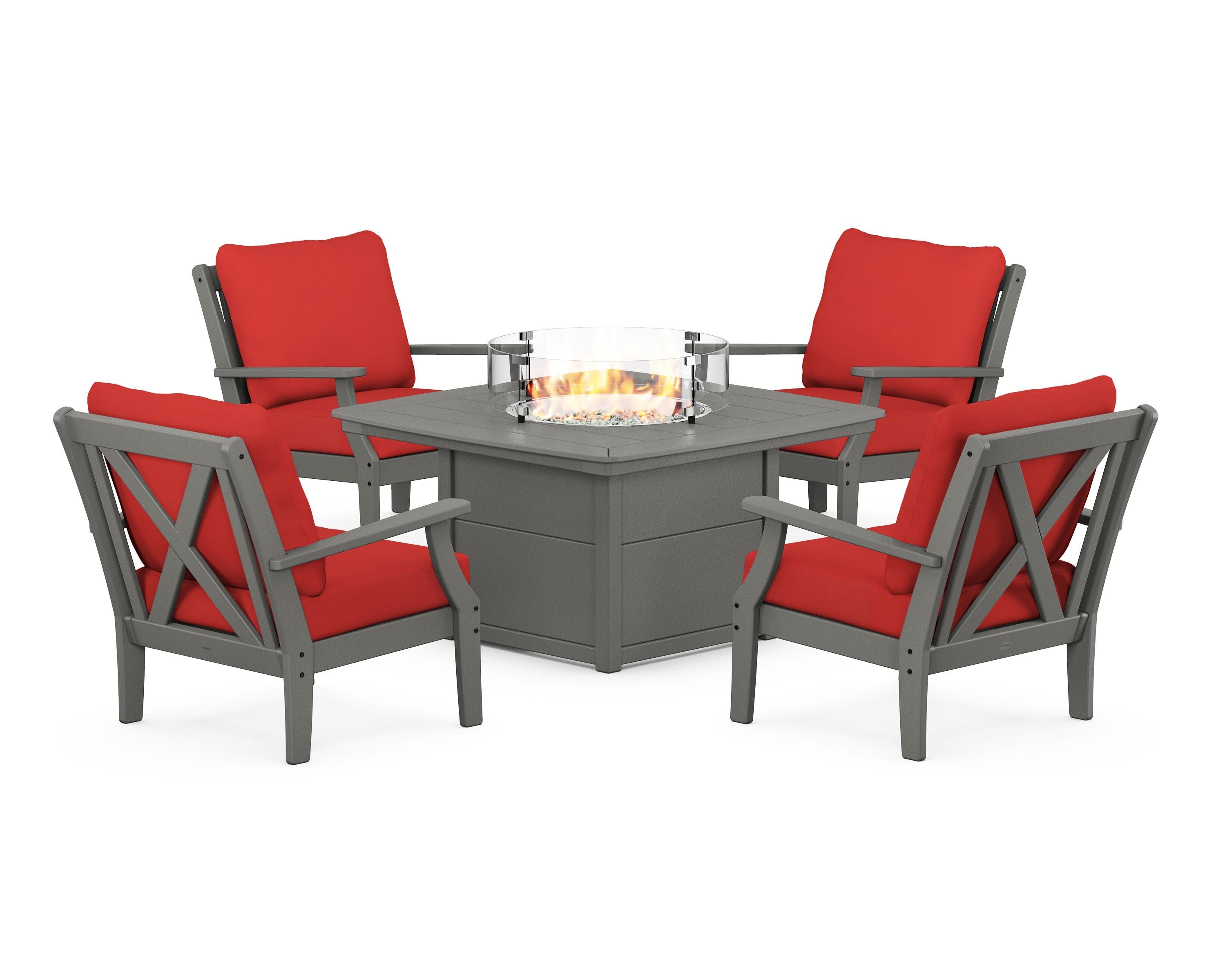 Braxton 5-Piece Deep Seating Conversation Set with Fire Pit Table in Slate Grey / Crimson Linen